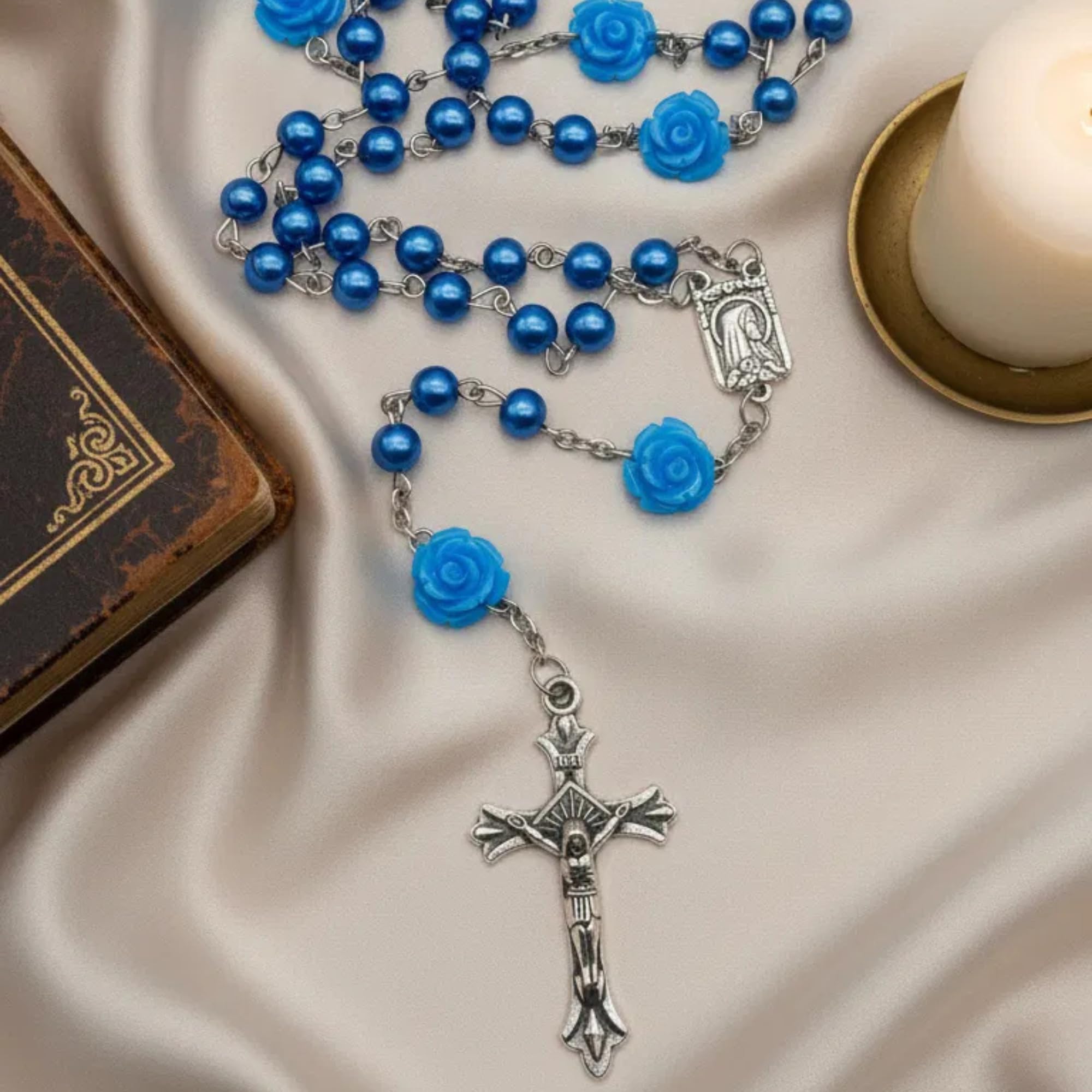 Blue Pearl Beads Rosary Necklace with Lourdes Medal & Jesus Cross Catholic Prayer Beads for Men and Women Spiritual Gift for Religious Occasions - Image 3