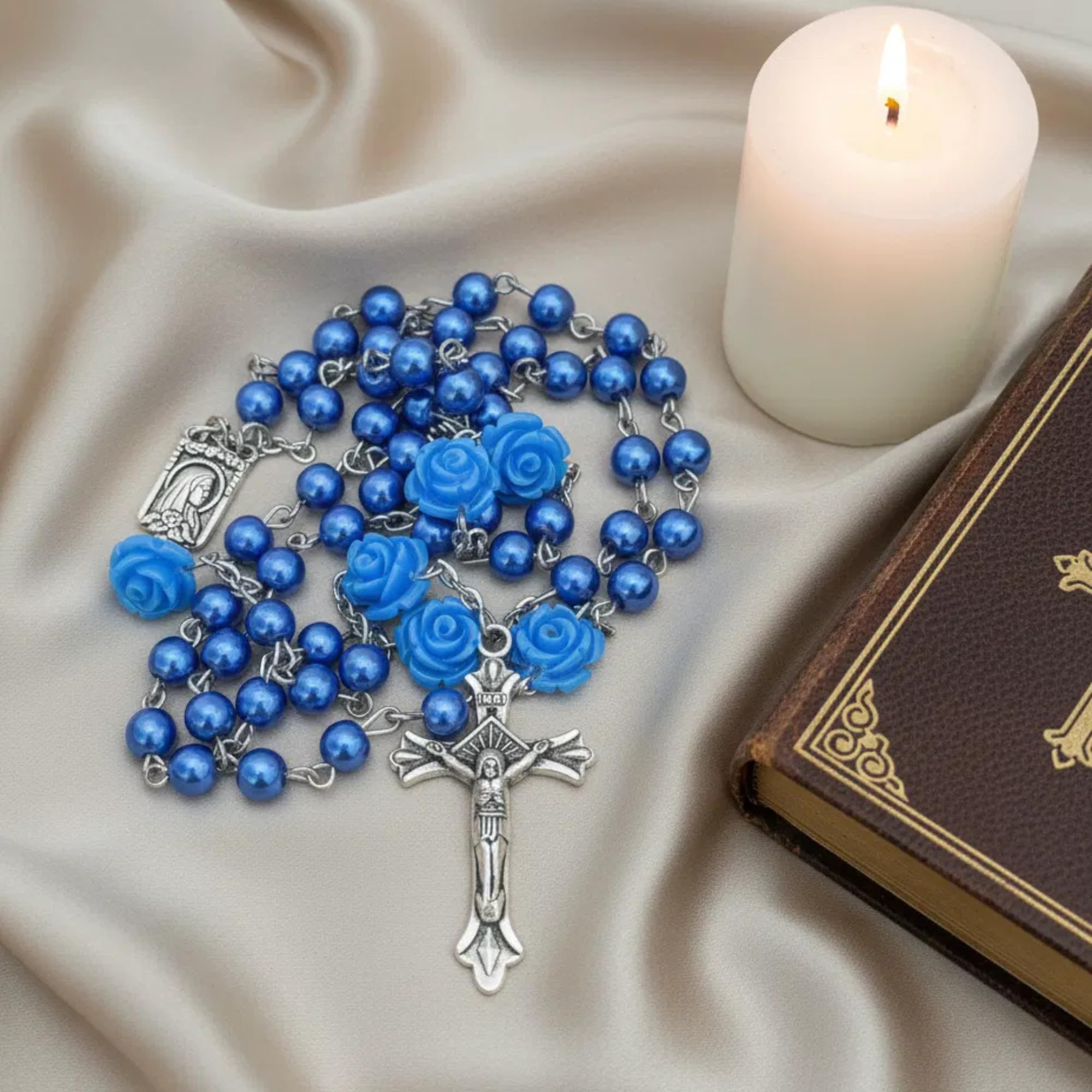 Blue Pearl Beads Rosary Necklace with Lourdes Medal & Jesus Cross Catholic Prayer Beads for Men and Women Spiritual Gift for Religious Occasions - Image 4