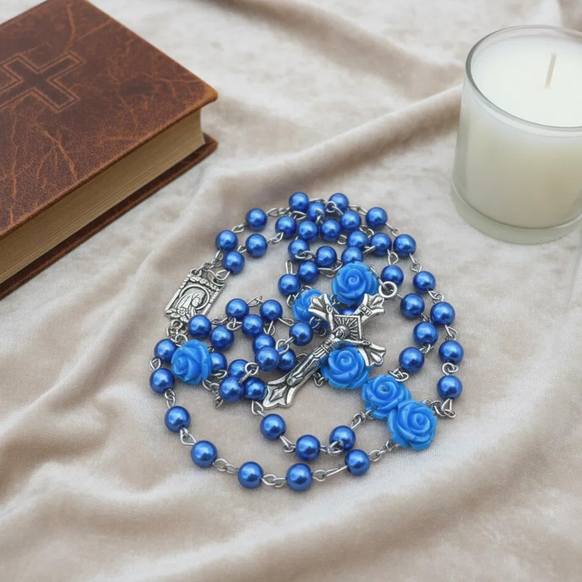 Blue Pearl Beads Rosary Necklace with Lourdes Medal & Jesus Cross Catholic Prayer Beads for Men and Women Spiritual Gift for Religious Occasions - Image 5