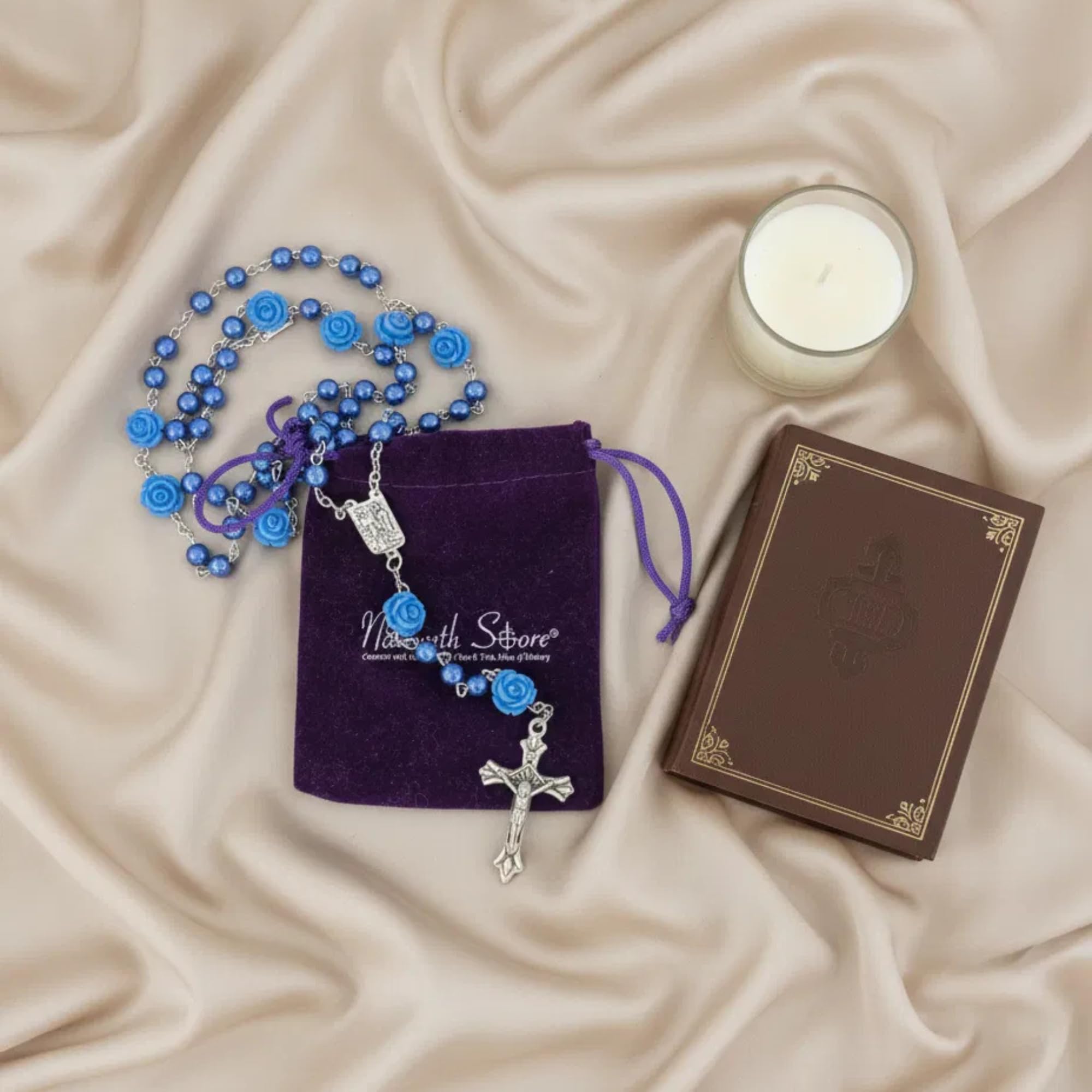 Blue Pearl Beads Rosary Necklace with Lourdes Medal & Jesus Cross Catholic Prayer Beads for Men and Women Spiritual Gift for Religious Occasions - Image 6