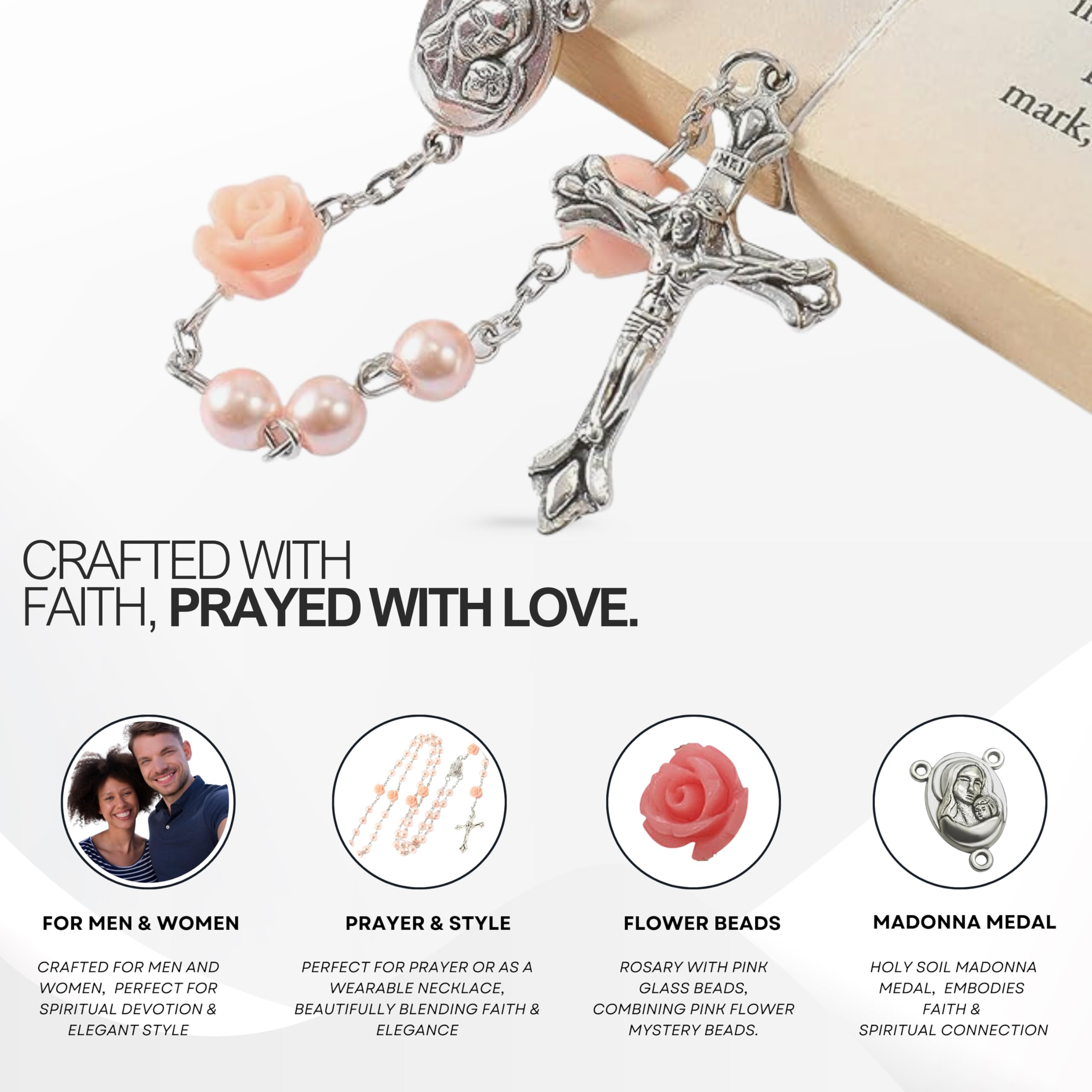 Catholic Pink Pearl Rosary Necklace with Madonna Holy Soil Medal & Crucifix Spiritual Gift for Men & Women Prayer Beads for Daily Devotion - Image 3