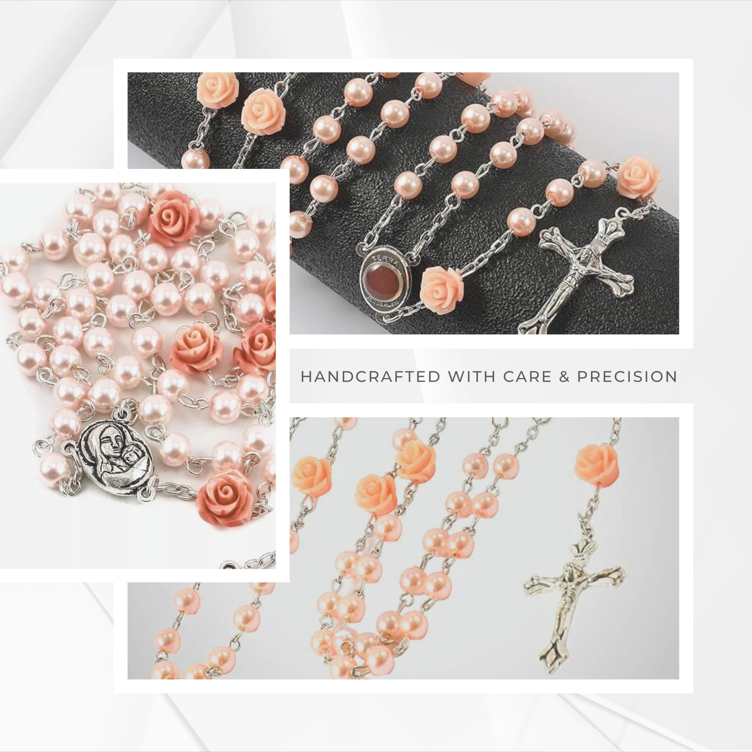 Catholic Pink Pearl Rosary Necklace with Madonna Holy Soil Medal & Crucifix Spiritual Gift for Men & Women Prayer Beads for Daily Devotion - Image 4