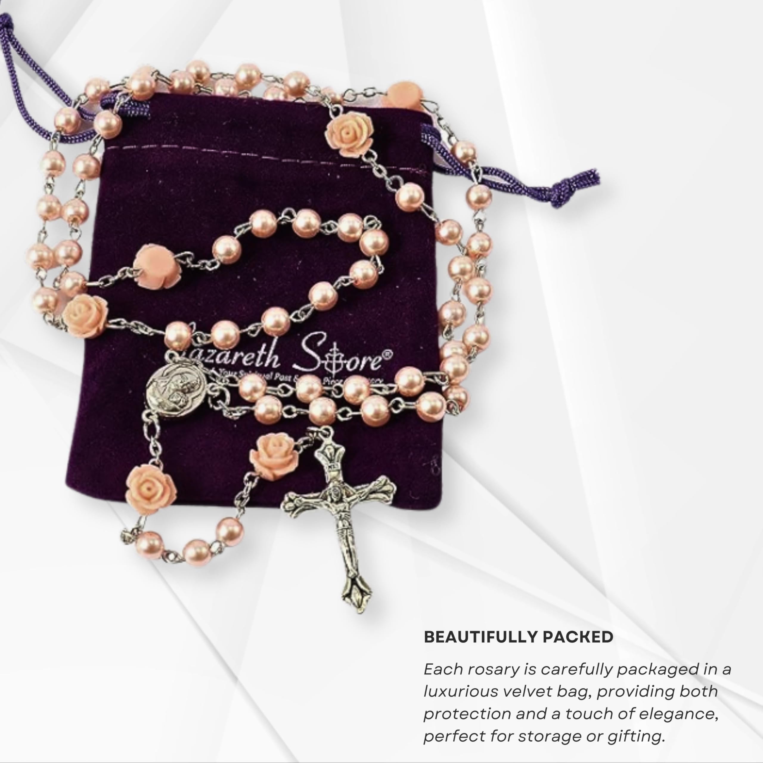 Catholic Pink Pearl Rosary Necklace with Madonna Holy Soil Medal & Crucifix Spiritual Gift for Men & Women Prayer Beads for Daily Devotion - Image 5