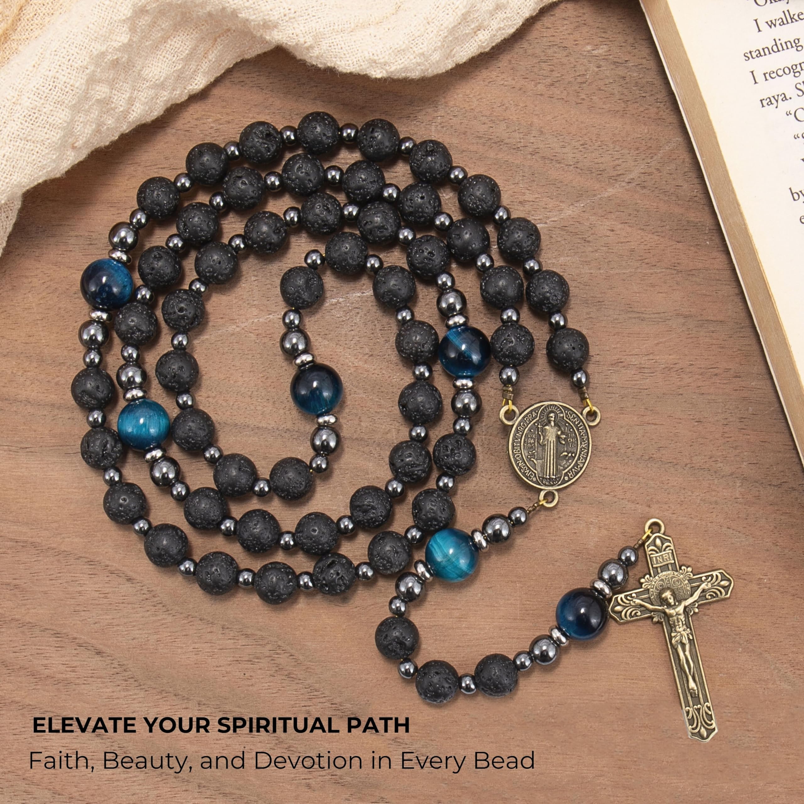 Lava Stone Black Rosary Beads for Men, Catholic Rosary Necklace with Saint Medal & Cross, Blue Tiger Eye Beads Strong Rosary Cross Necklace in Portable Gift Box - Image 4