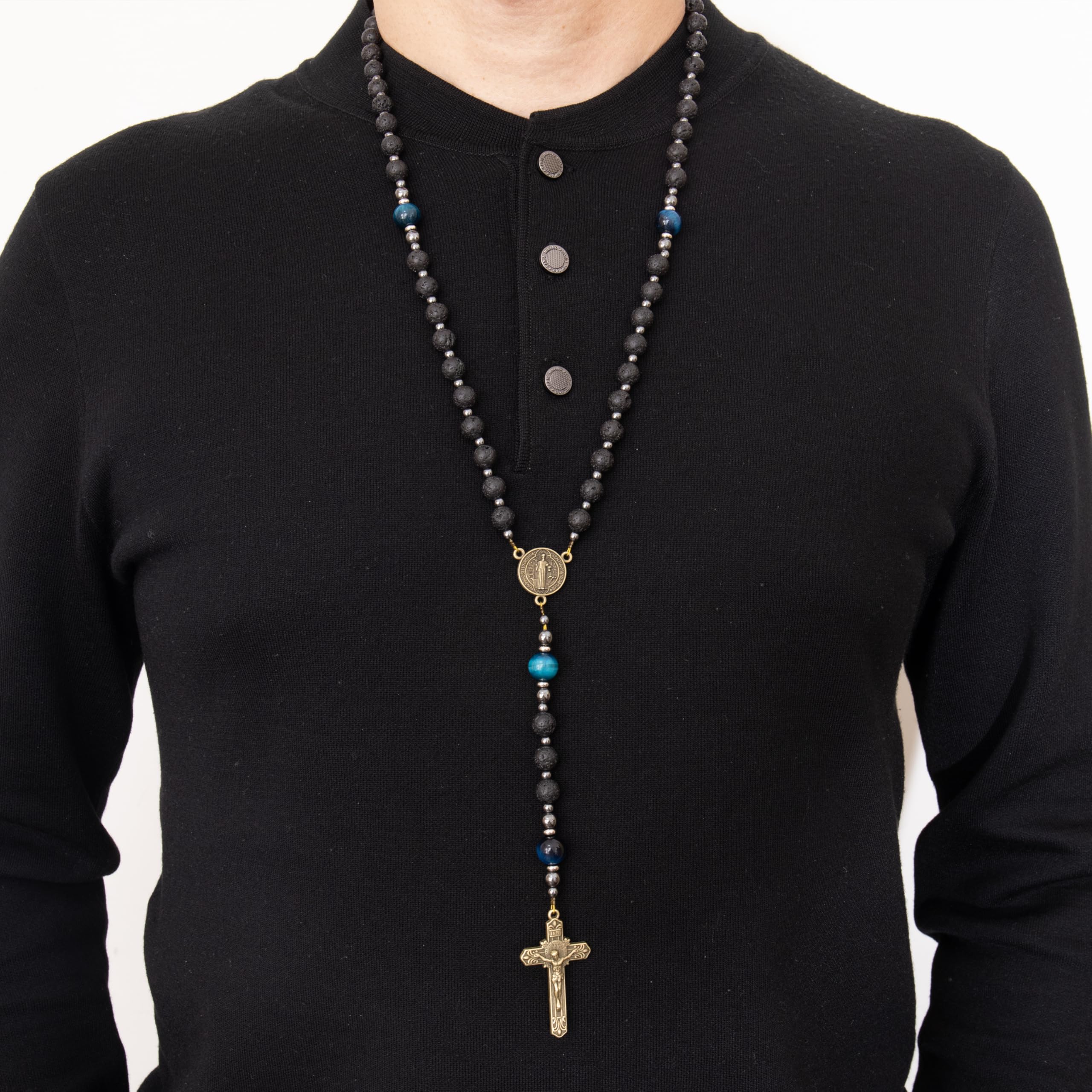 Lava Stone Black Rosary Beads for Men, Catholic Rosary Necklace with Saint Medal & Cross, Blue Tiger Eye Beads Strong Rosary Cross Necklace in Portable Gift Box - Image 6