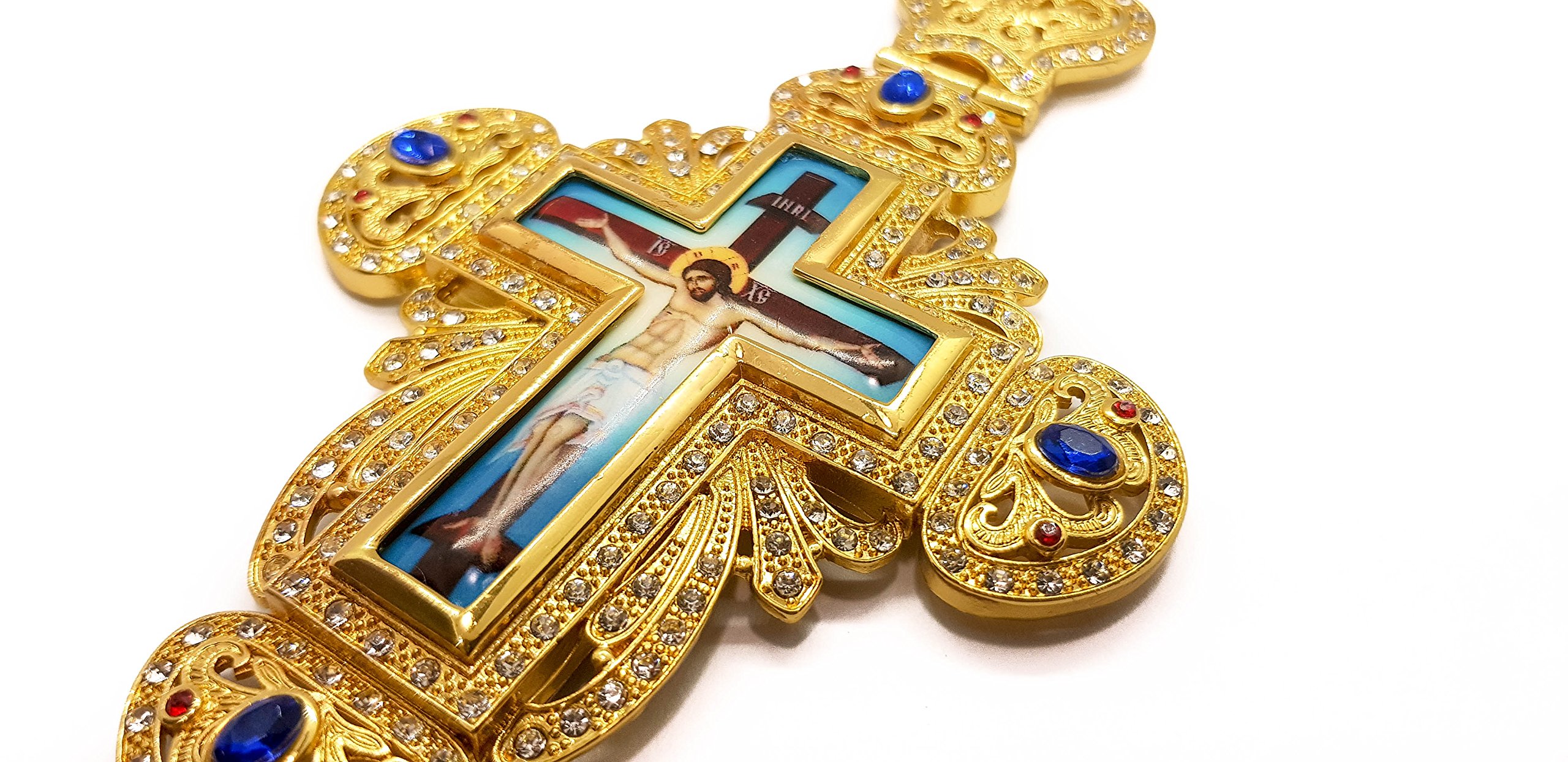 Nazareth Store 18K Gold Plated Pectoral Cross Multi Zircons Crystallized Elements Christian Priest Bishop Large Crucifix Pendant with Necklace 24" - Image 3
