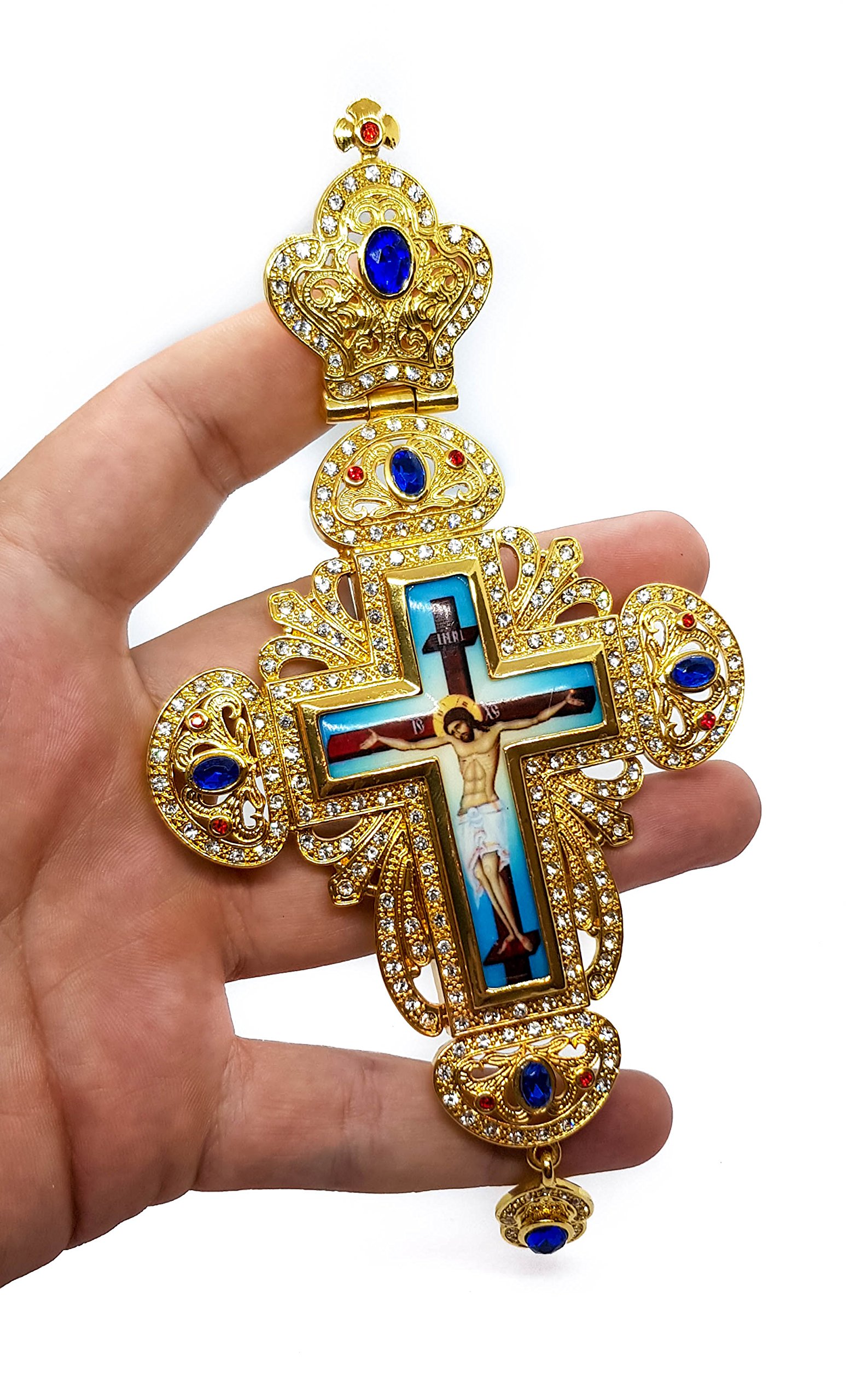 Nazareth Store 18K Gold Plated Pectoral Cross Multi Zircons Crystallized Elements Christian Priest Bishop Large Crucifix Pendant with Necklace 24" - Image 4