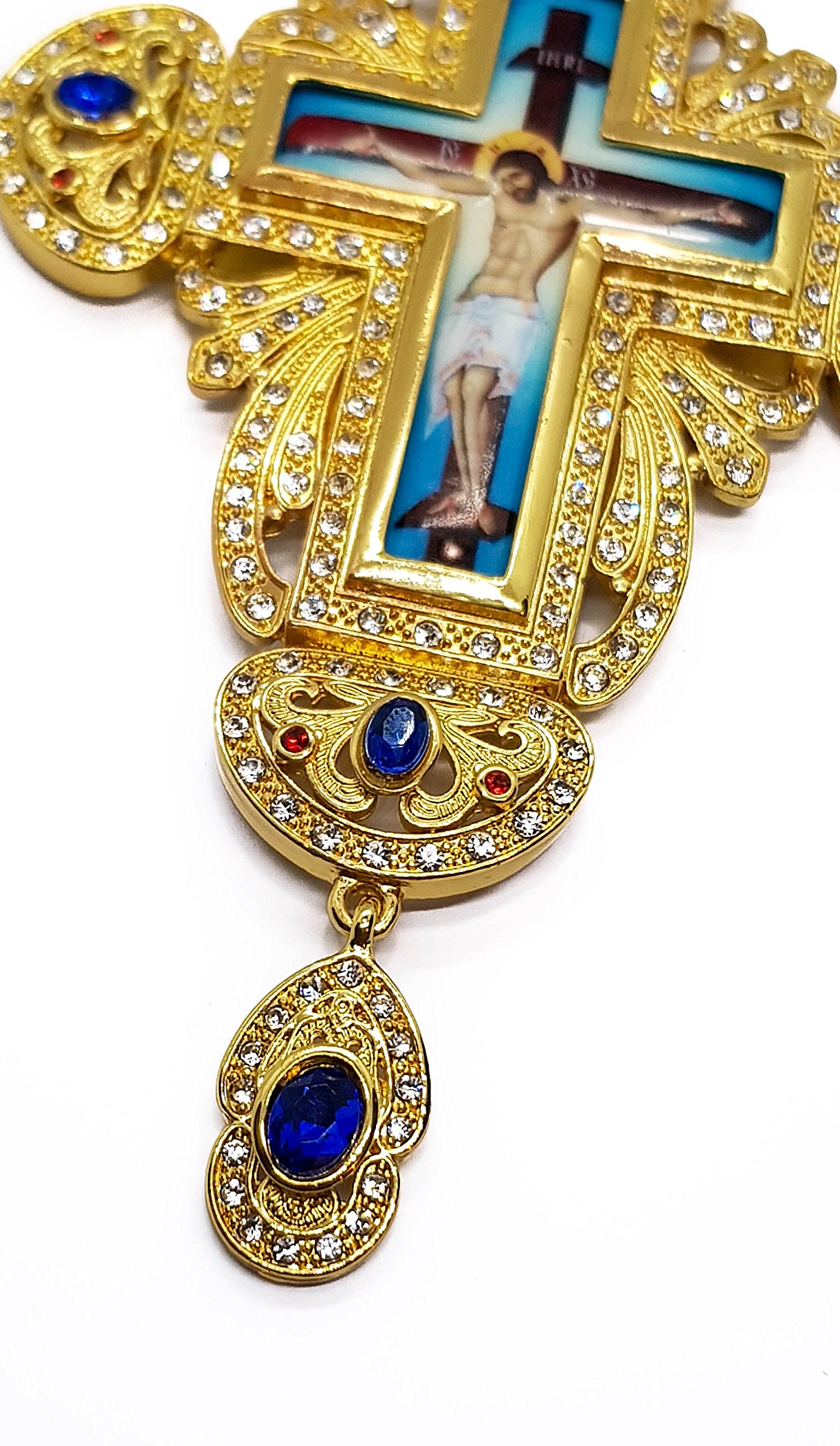 Nazareth Store 18K Gold Plated Pectoral Cross Multi Zircons Crystallized Elements Christian Priest Bishop Large Crucifix Pendant with Necklace 24" - Image 6