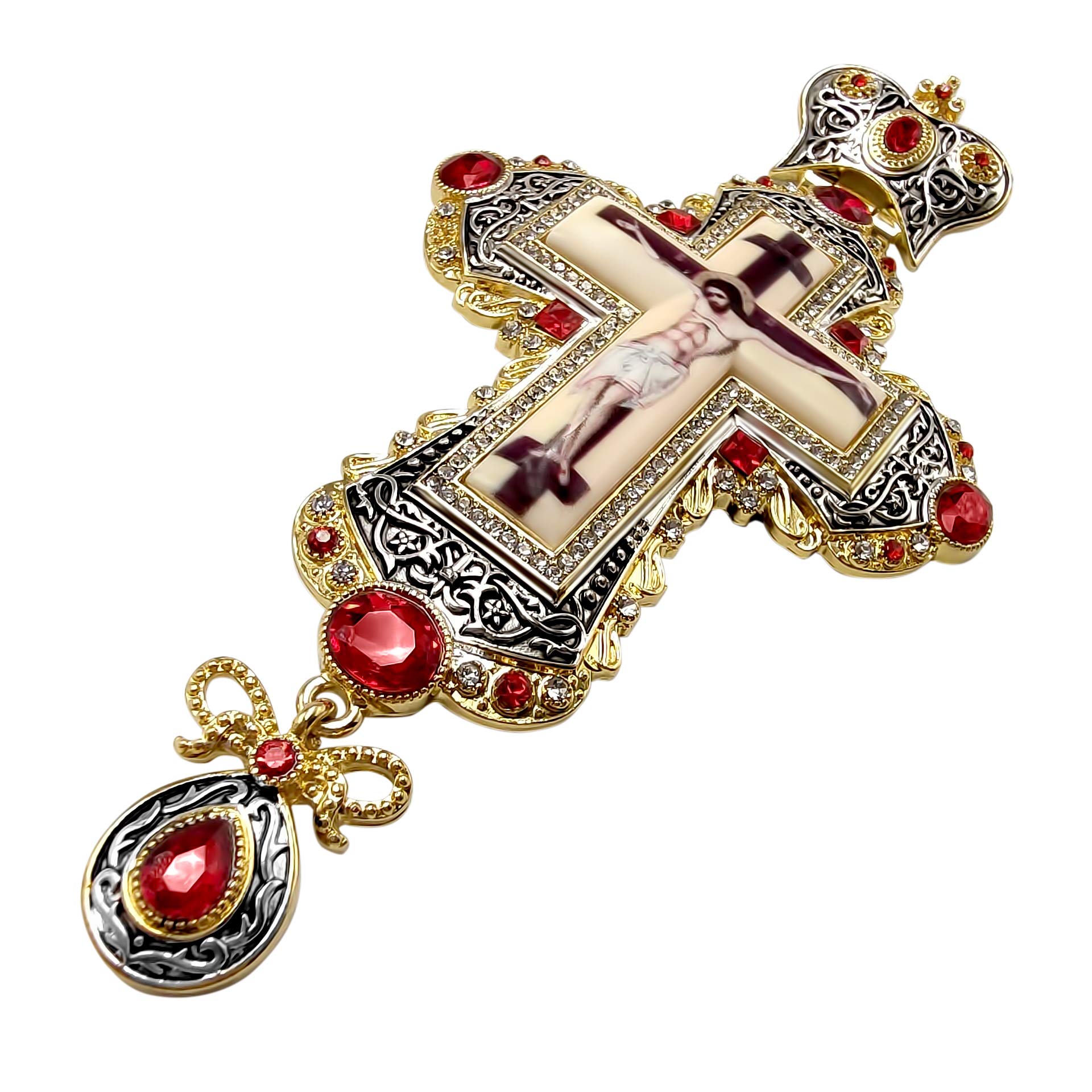 Nazareth Store 18K Gold Plated Pectoral Cross Multi Zircons Crystallized Elements Christian Priest Bishop Large Crucifix Pendant with Necklace 24" - Image 3