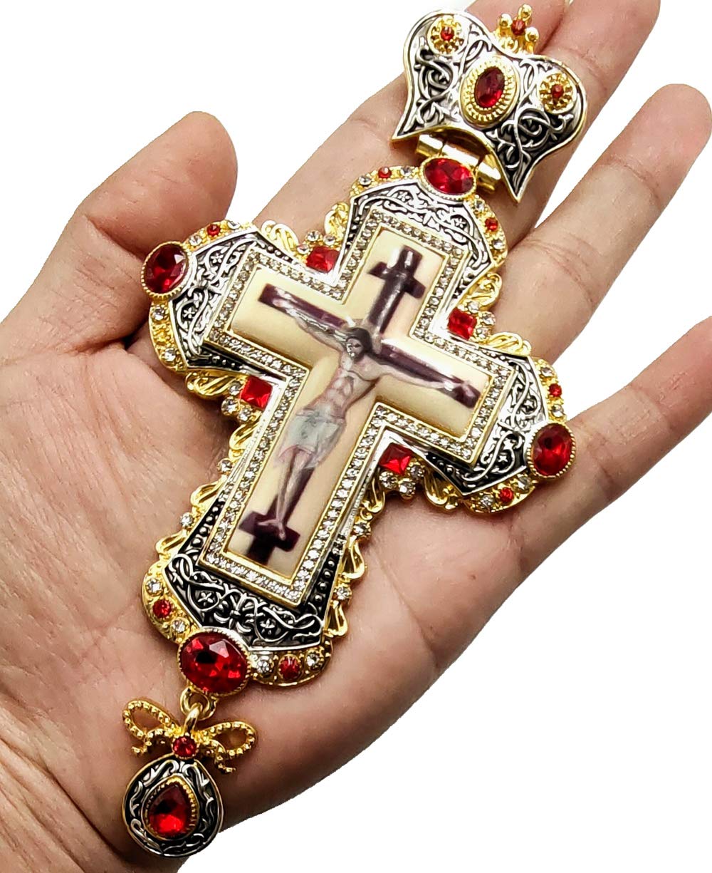 Nazareth Store 18K Gold Plated Pectoral Cross Multi Zircons Crystallized Elements Christian Priest Bishop Large Crucifix Pendant with Necklace 24" - Image 5