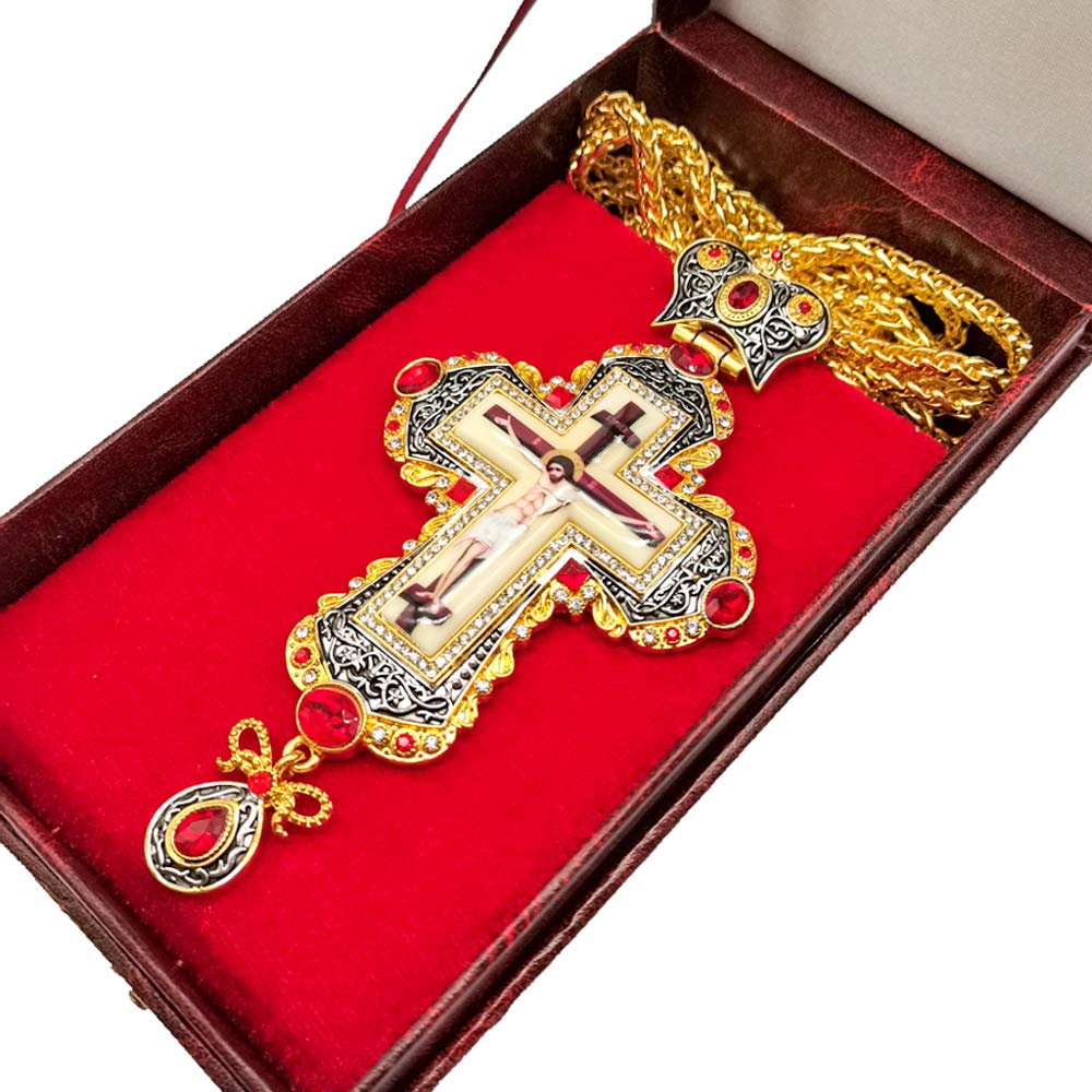 Nazareth Store 18K Gold Plated Pectoral Cross Multi Zircons Crystallized Elements Christian Priest Bishop Large Crucifix Pendant with Necklace 24" - Image 6