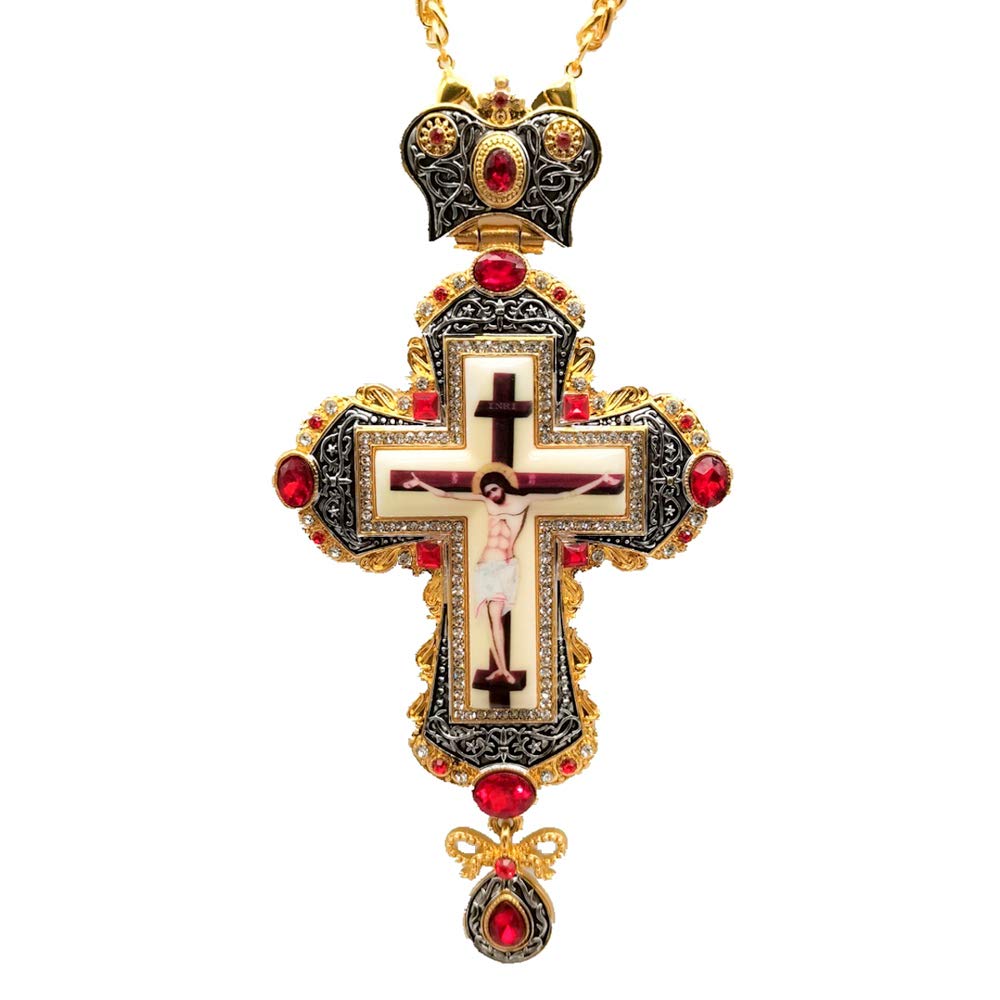 Nazareth Store 18K Gold Plated Pectoral Cross Multi Zircons Crystallized Elements Christian Priest Bishop Large Crucifix Pendant with Necklace 24" - Image 7