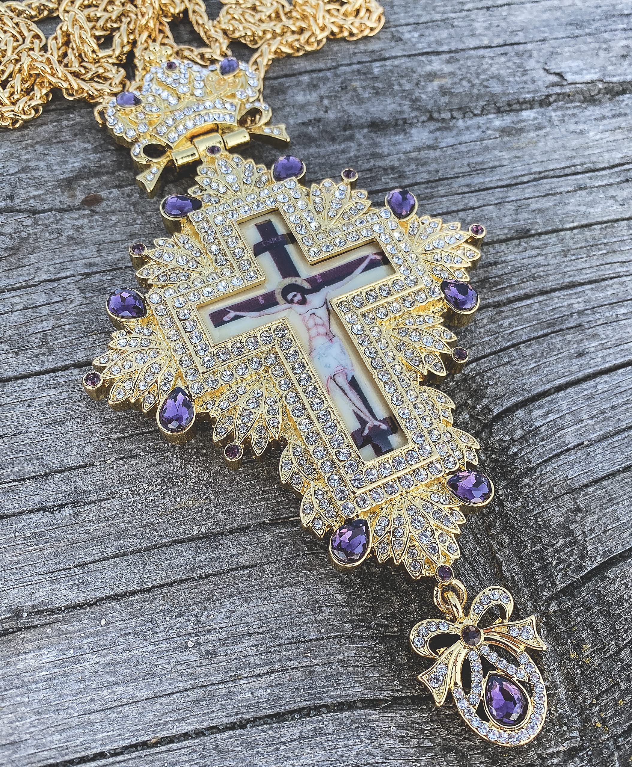 Nazareth Store 18K Gold Plated Pectoral Cross Multi Zircons Crystallized Elements Christian Priest Bishop Large Crucifix Pendant with Necklace 24" - Image 4