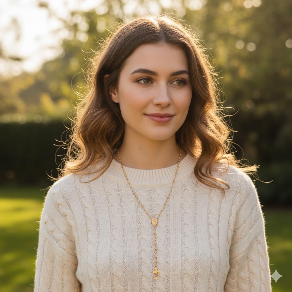 Nazareth Store 18K Gold Plated Rosary Necklace Our Lady of Guadalupe Rosaries Bead Cross Y Necklace Chain for Women - Image 3