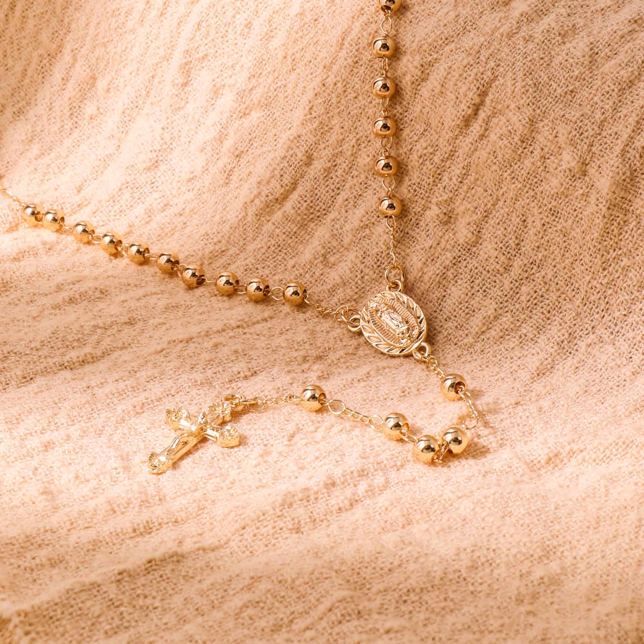 Nazareth Store 18K Gold Plated Rosary Necklace Our Lady of Guadalupe Rosaries Bead Cross Y Necklace Chain for Women - Image 7