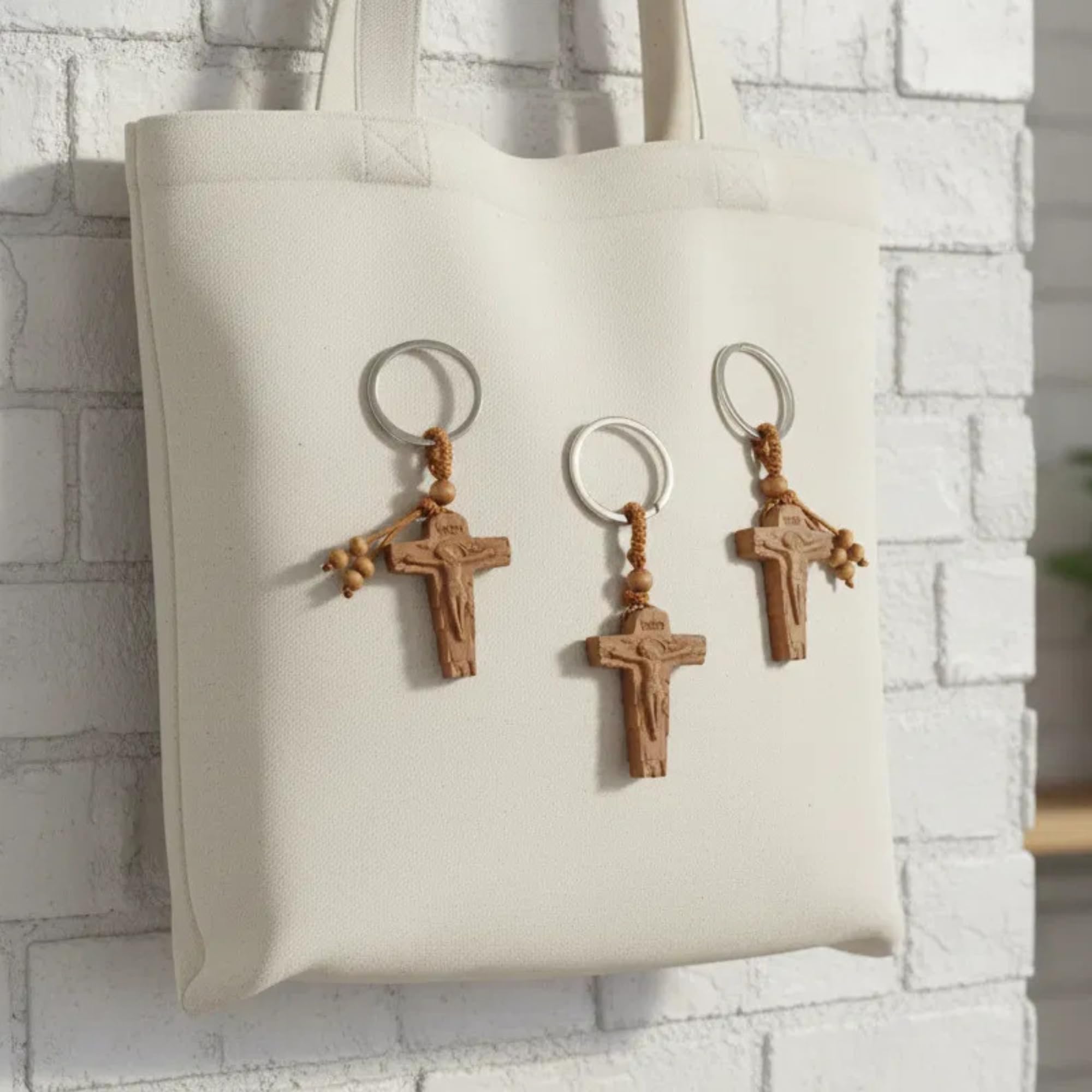 Nazareth Store 3pcs Wooden Crucifix Keychain Set Hand‑Carved Peach Wood Cross Key Rings with Beaded Rope Christian Catholic Religious Faith Keychain Gift - Image 3