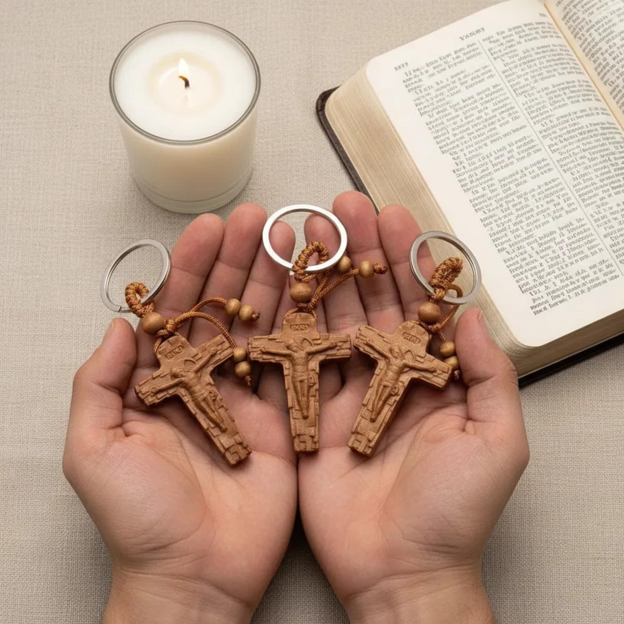 Nazareth Store 3pcs Wooden Crucifix Keychain Set Hand‑Carved Peach Wood Cross Key Rings with Beaded Rope Christian Catholic Religious Faith Keychain Gift - Image 4