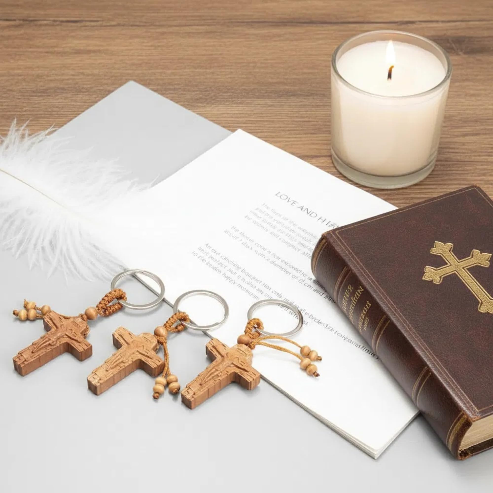 Nazareth Store 3pcs Wooden Crucifix Keychain Set Hand‑Carved Peach Wood Cross Key Rings with Beaded Rope Christian Catholic Religious Faith Keychain Gift - Image 5