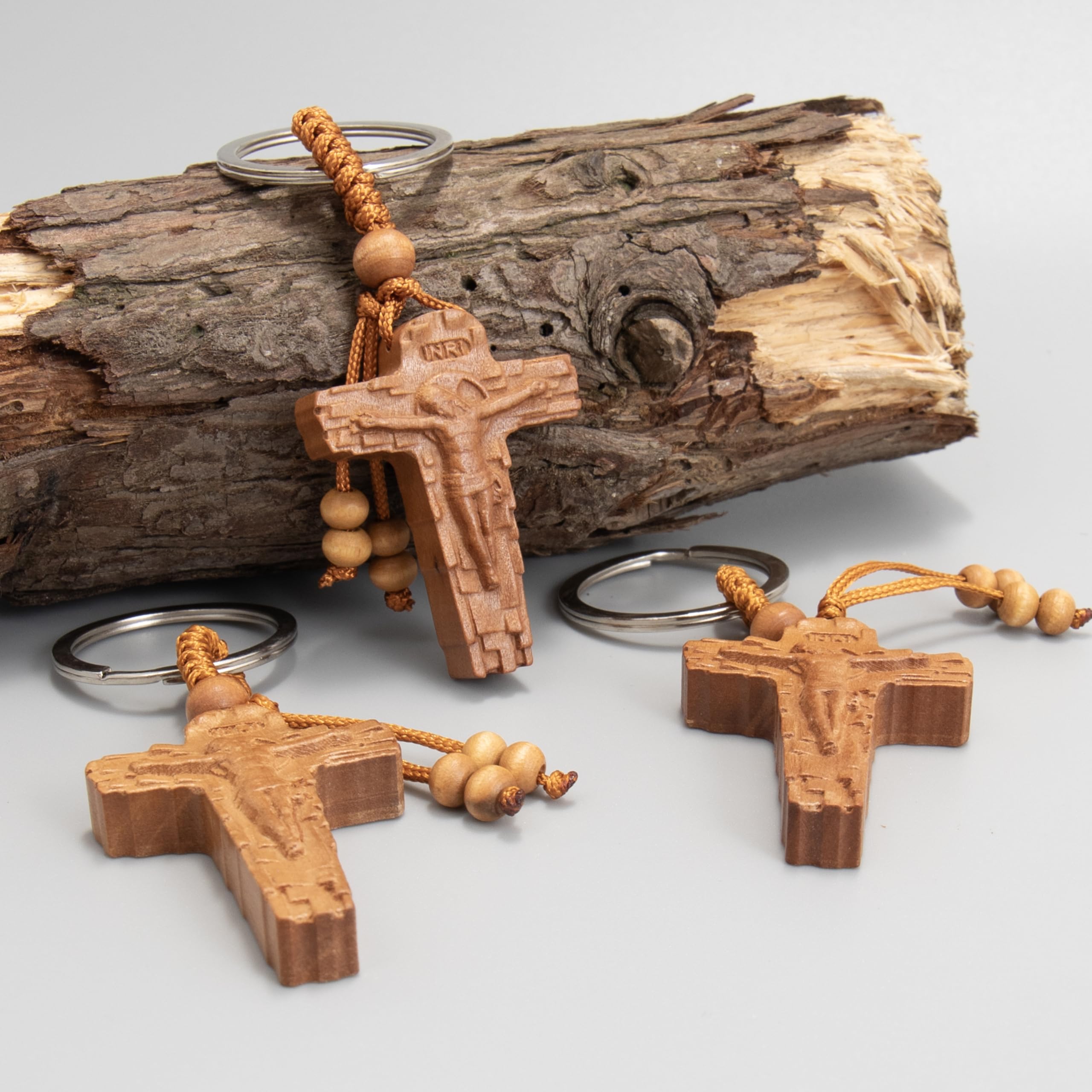 Nazareth Store 3pcs Wooden Crucifix Keychain Set Hand‑Carved Peach Wood Cross Key Rings with Beaded Rope Christian Catholic Religious Faith Keychain Gift - Image 6