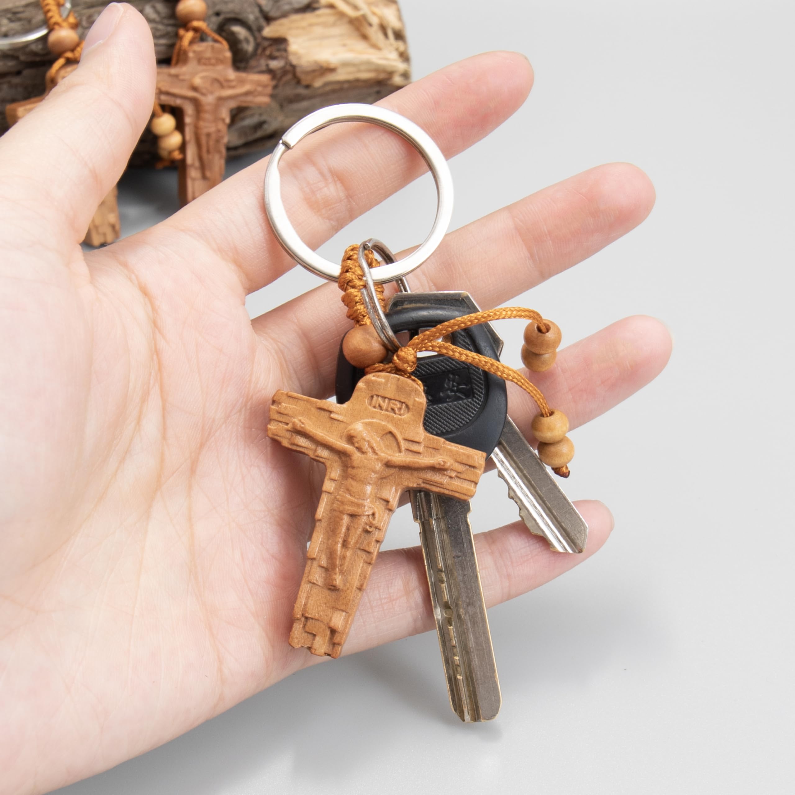 Nazareth Store 3pcs Wooden Crucifix Keychain Set Hand‑Carved Peach Wood Cross Key Rings with Beaded Rope Christian Catholic Religious Faith Keychain Gift - Image 7