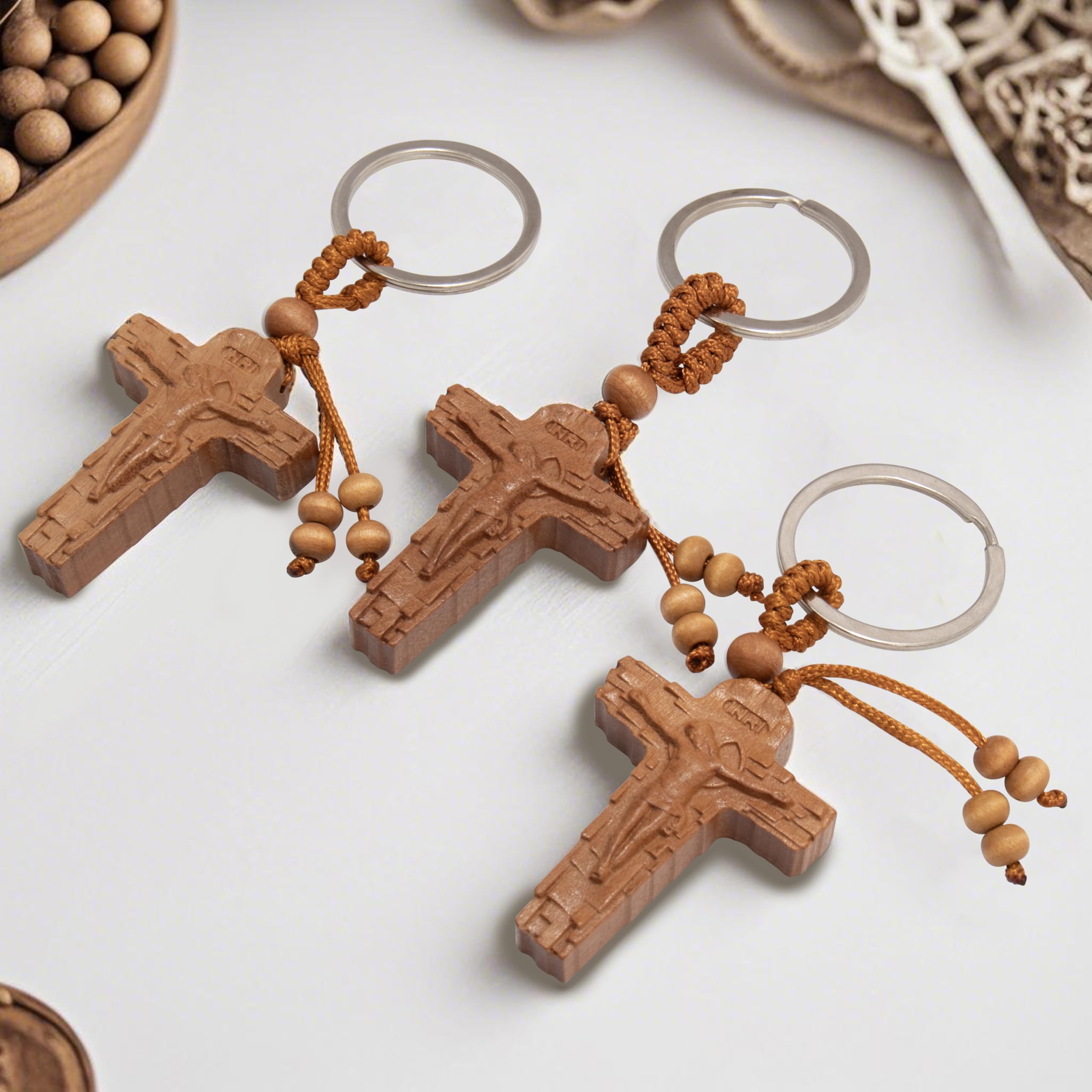 Nazareth Store 3pcs Wooden Crucifix Keychain Set Hand‑Carved Peach Wood Cross Key Rings with Beaded Rope Christian Catholic Religious Faith Keychain Gift - Image 8