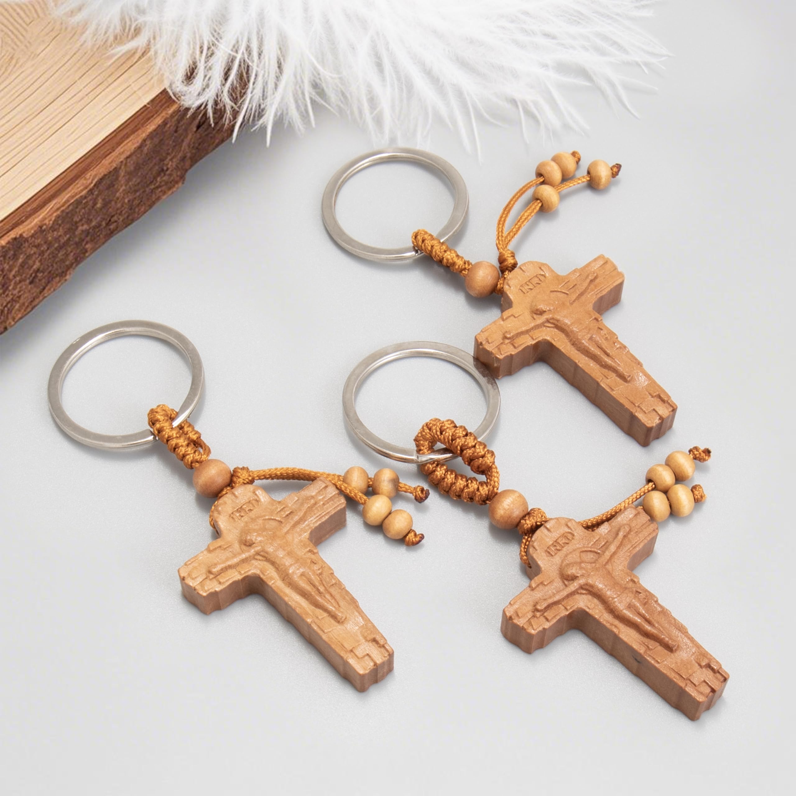 Nazareth Store 3pcs Wooden Crucifix Keychain Set Hand‑Carved Peach Wood Cross Key Rings with Beaded Rope Christian Catholic Religious Faith Keychain Gift - Image 9