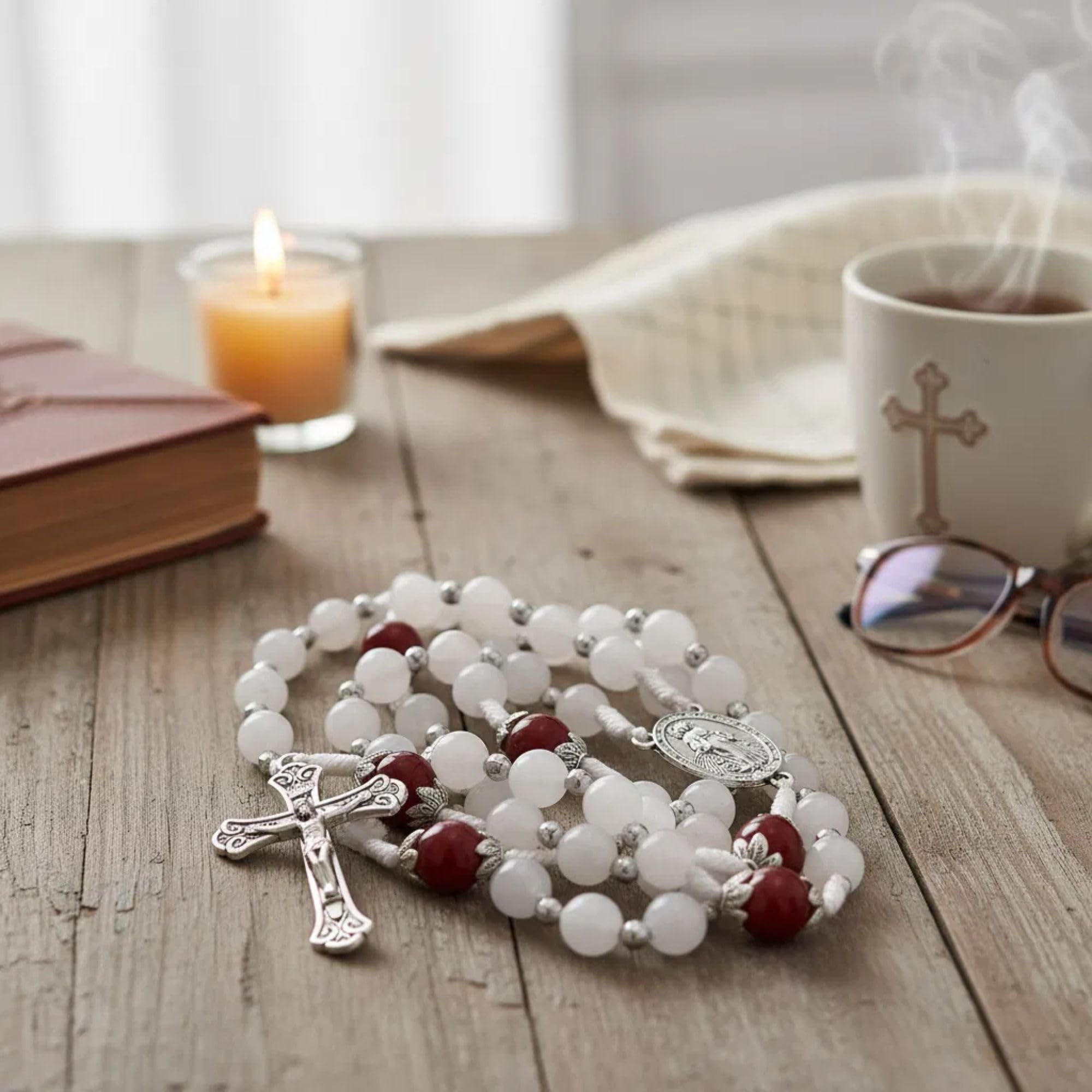 Nazareth Store 8mm White Jade & 10mm Natural Stone Beads Rosary Necklace St. Miraculous Medal & Cross Crucifix Catholic Prayer Beads Religious Jewelry - Image 3