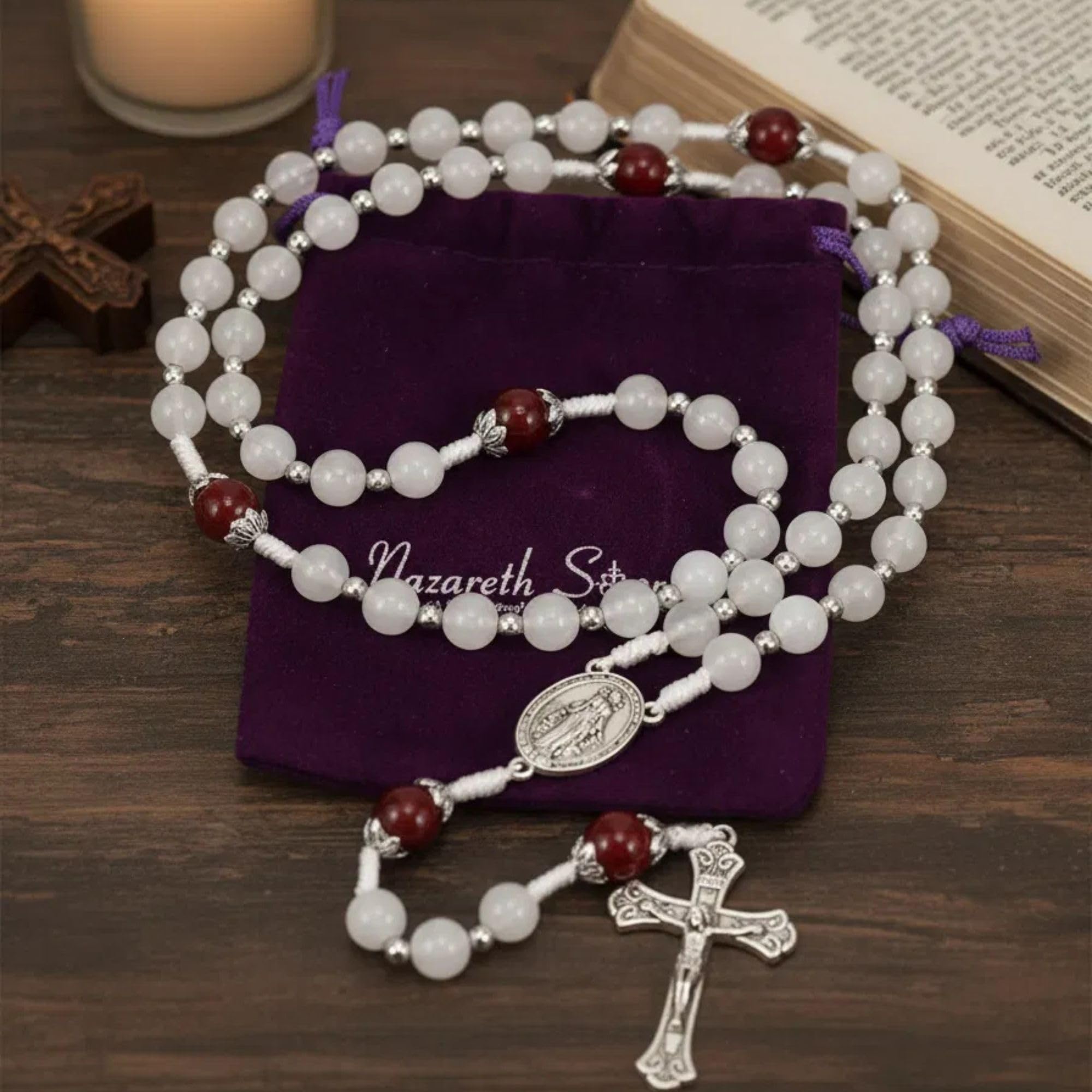 Nazareth Store 8mm White Jade & 10mm Natural Stone Beads Rosary Necklace St. Miraculous Medal & Cross Crucifix Catholic Prayer Beads Religious Jewelry - Image 4
