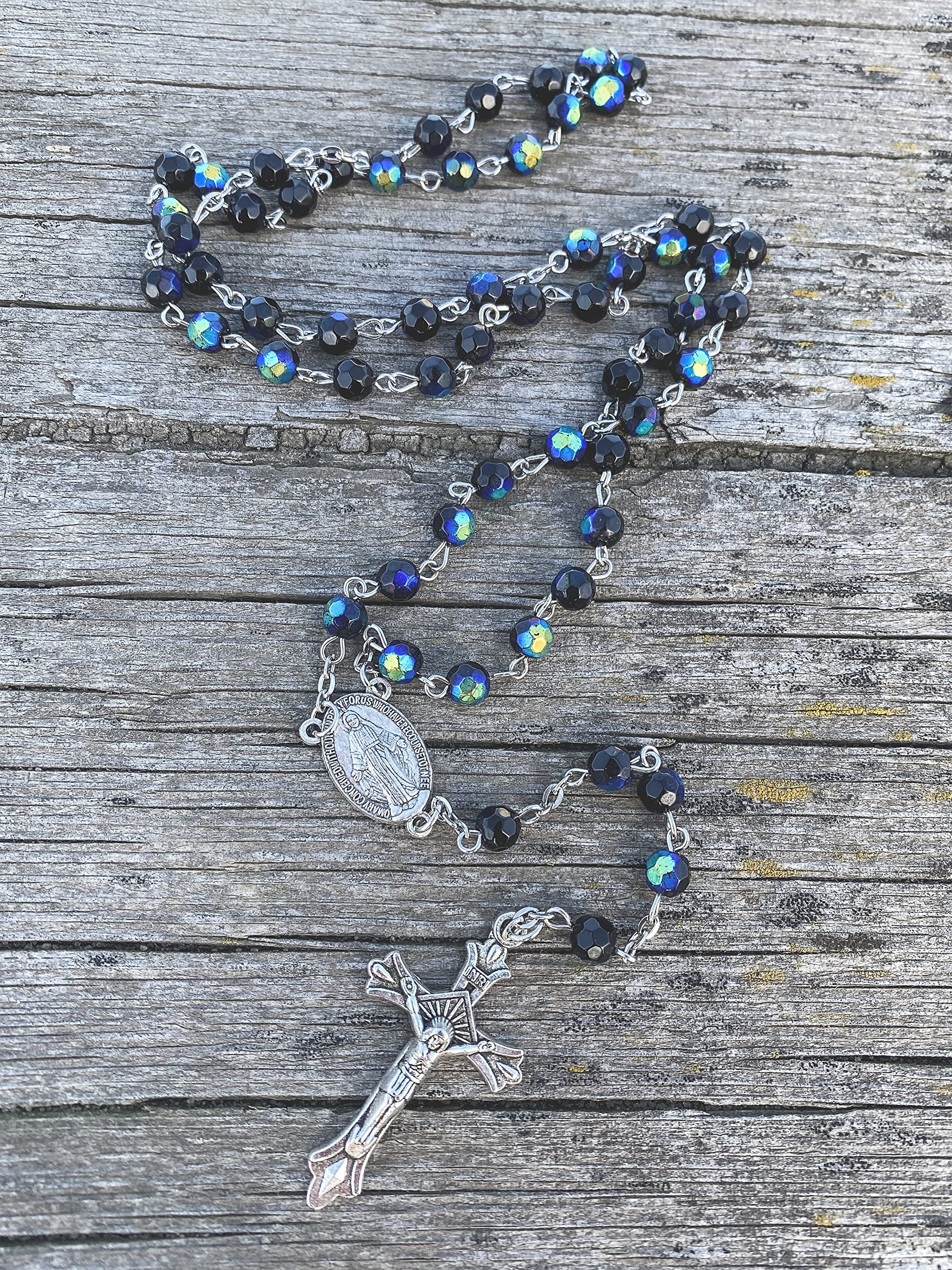 Nazareth Store Black Blue Rosary Beaded Necklace Multi Color Crystallized Glass Beads with Miraculous Medal and Jesus Cross Crucifix - Image 3