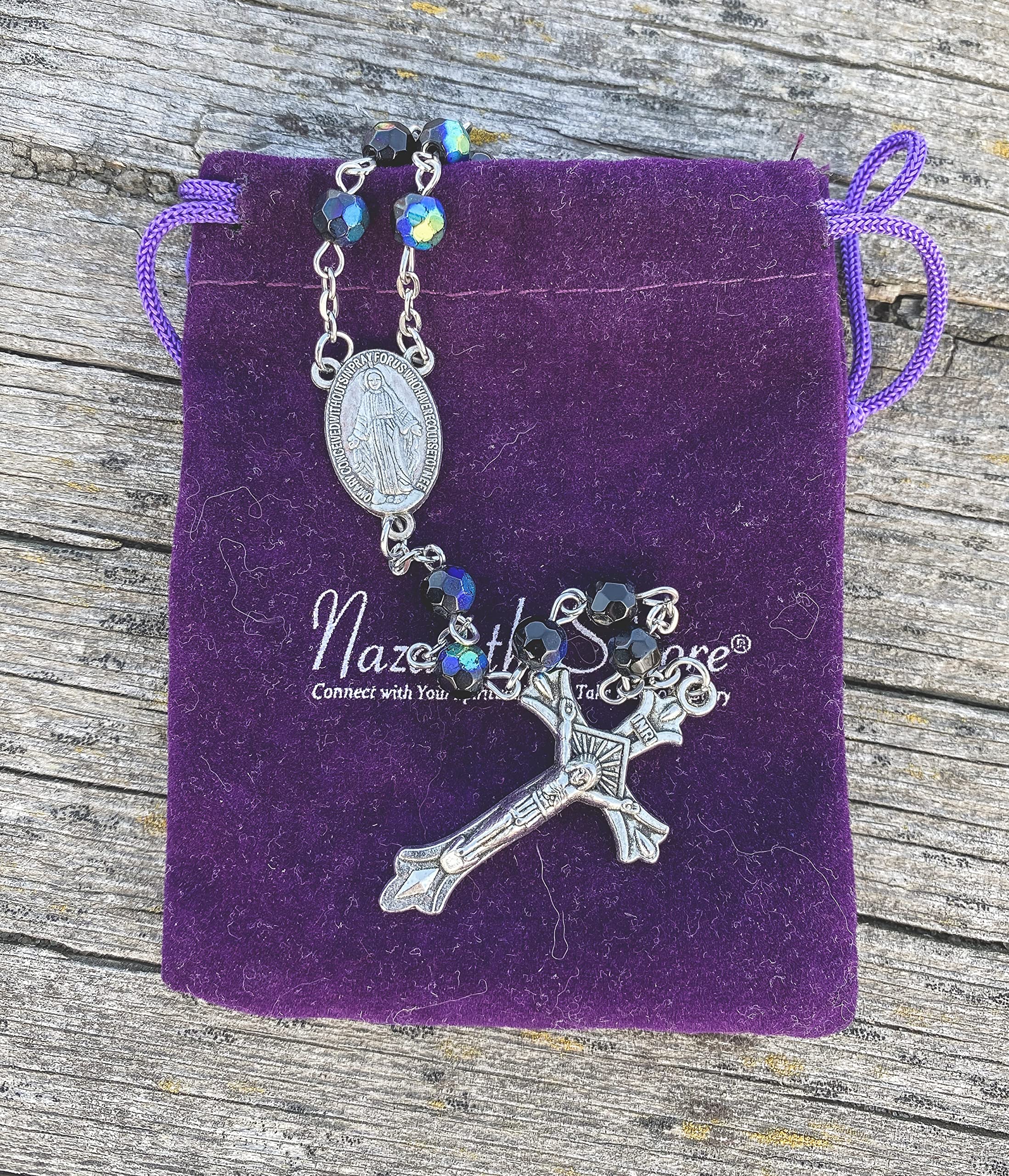 Nazareth Store Black Blue Rosary Beaded Necklace Multi Color Crystallized Glass Beads with Miraculous Medal and Jesus Cross Crucifix - Image 4