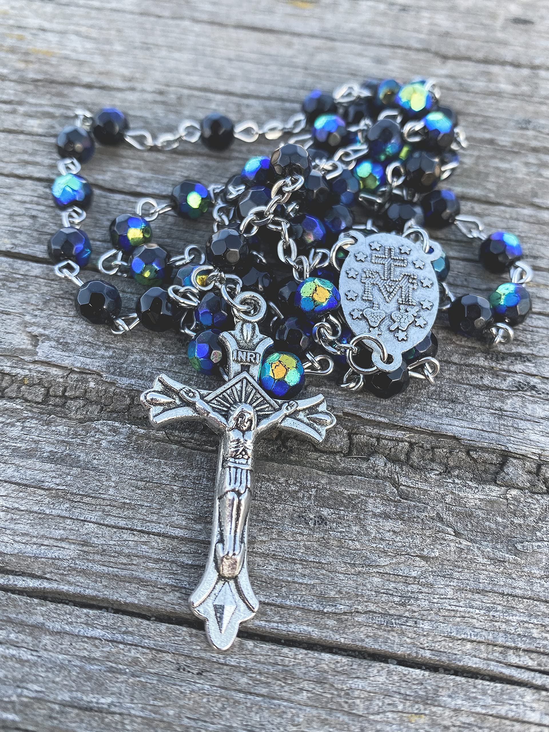 Nazareth Store Black Blue Rosary Beaded Necklace Multi Color Crystallized Glass Beads with Miraculous Medal and Jesus Cross Crucifix - Image 5
