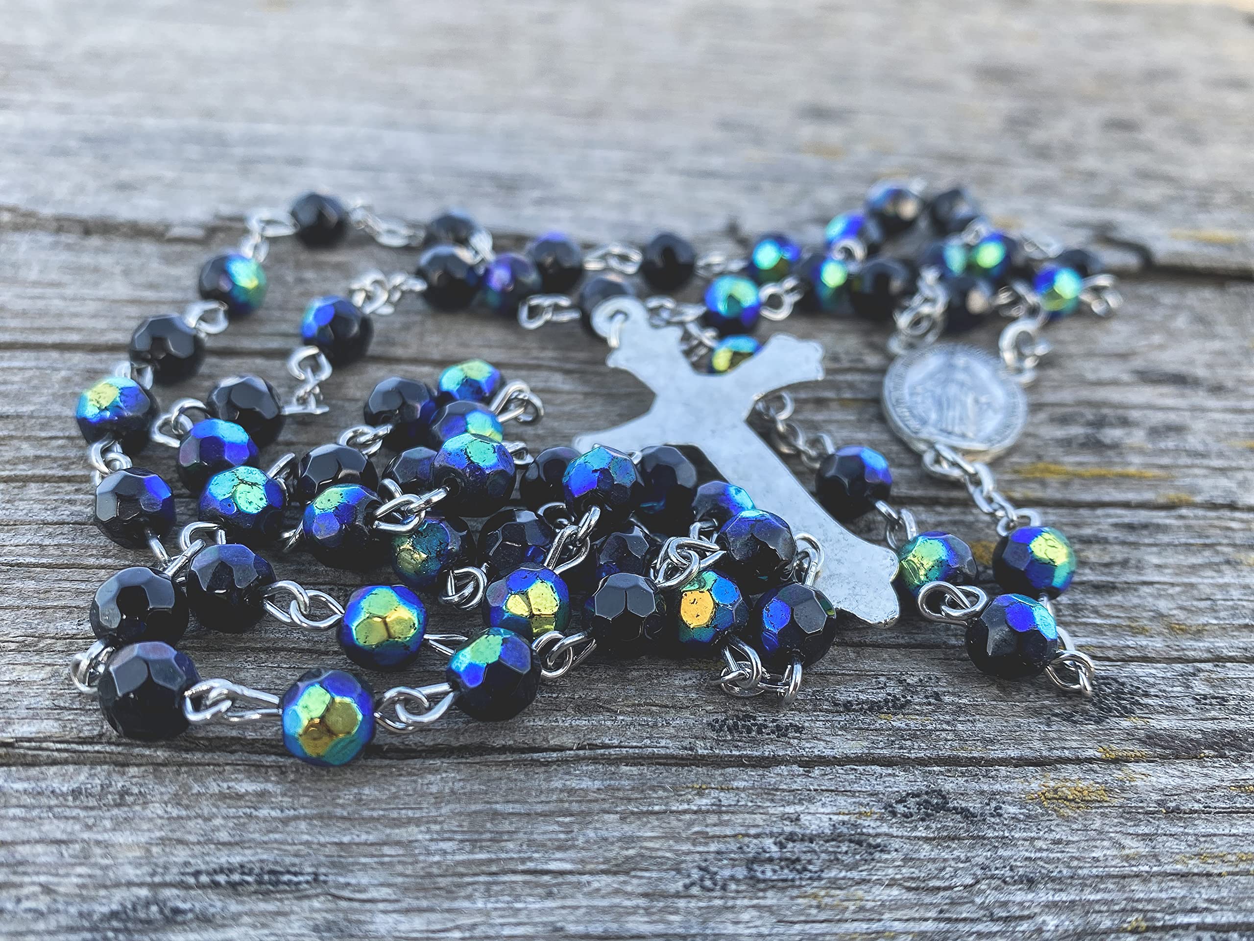 Nazareth Store Black Blue Rosary Beaded Necklace Multi Color Crystallized Glass Beads with Miraculous Medal and Jesus Cross Crucifix - Image 6