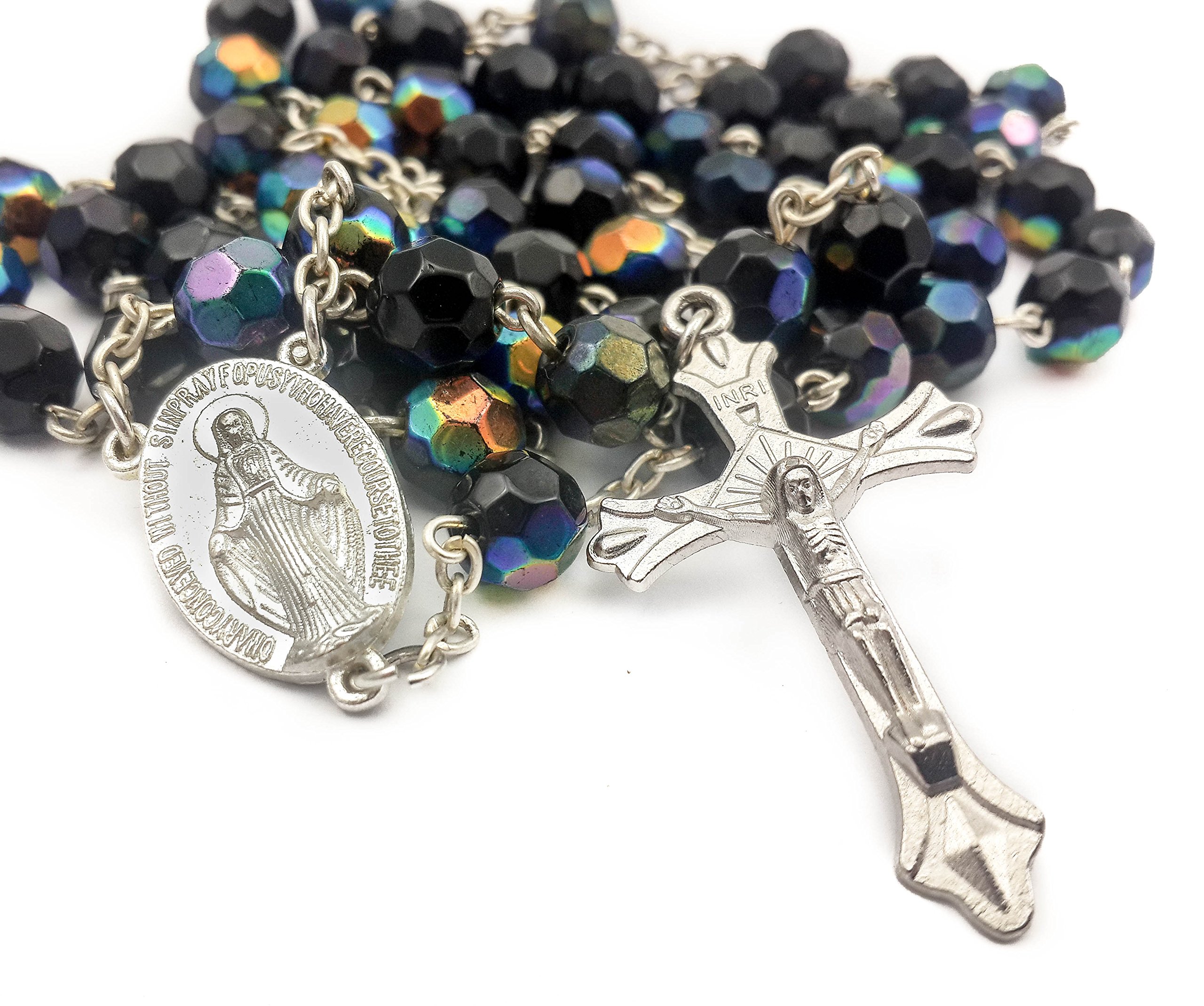 Nazareth Store Black Blue Rosary Beaded Necklace Multi Color Crystallized Glass Beads with Miraculous Medal and Jesus Cross Crucifix - Image 7