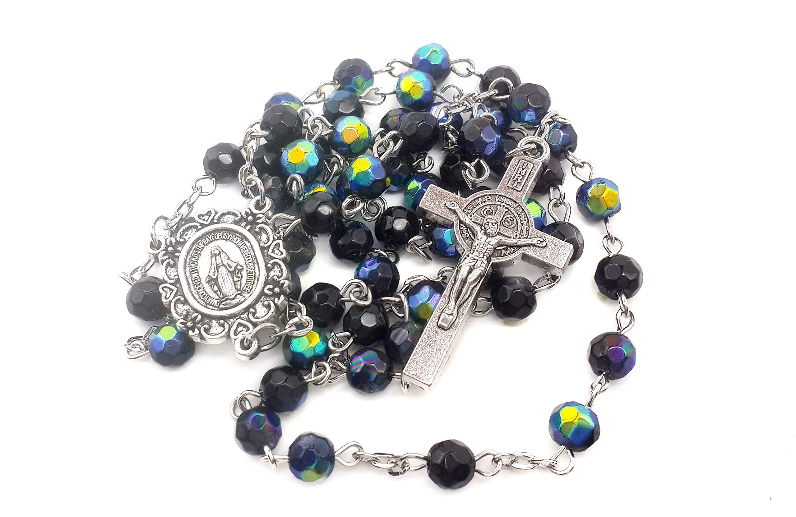 Nazareth Store Blue Crystal Beads Saint Benedict Rosary Sheen Beaded Necklace Miraculous Medal and St.Benedict Cross - Image 3