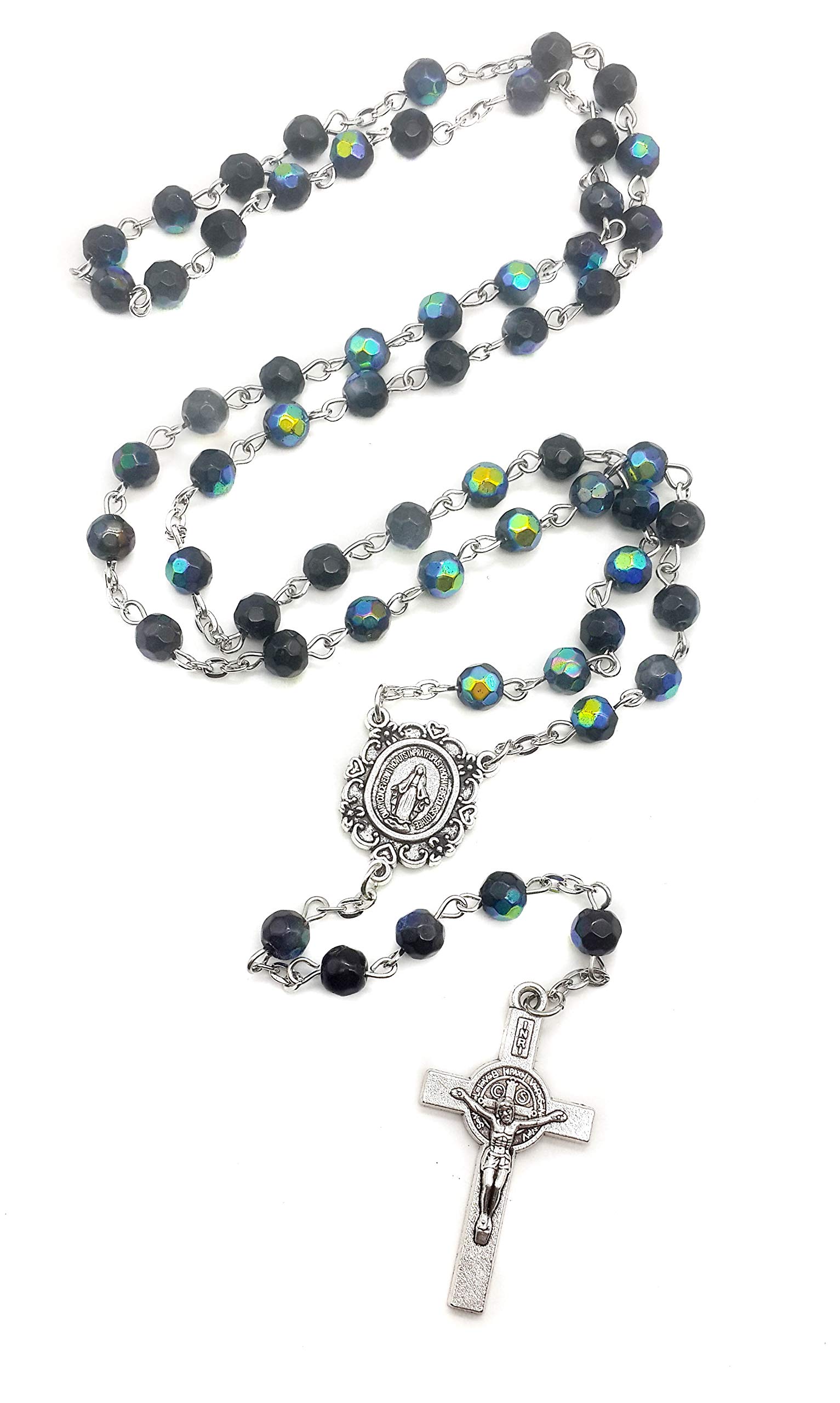 Nazareth Store Blue Crystal Beads Saint Benedict Rosary Sheen Beaded Necklace Miraculous Medal and St.Benedict Cross - Image 4