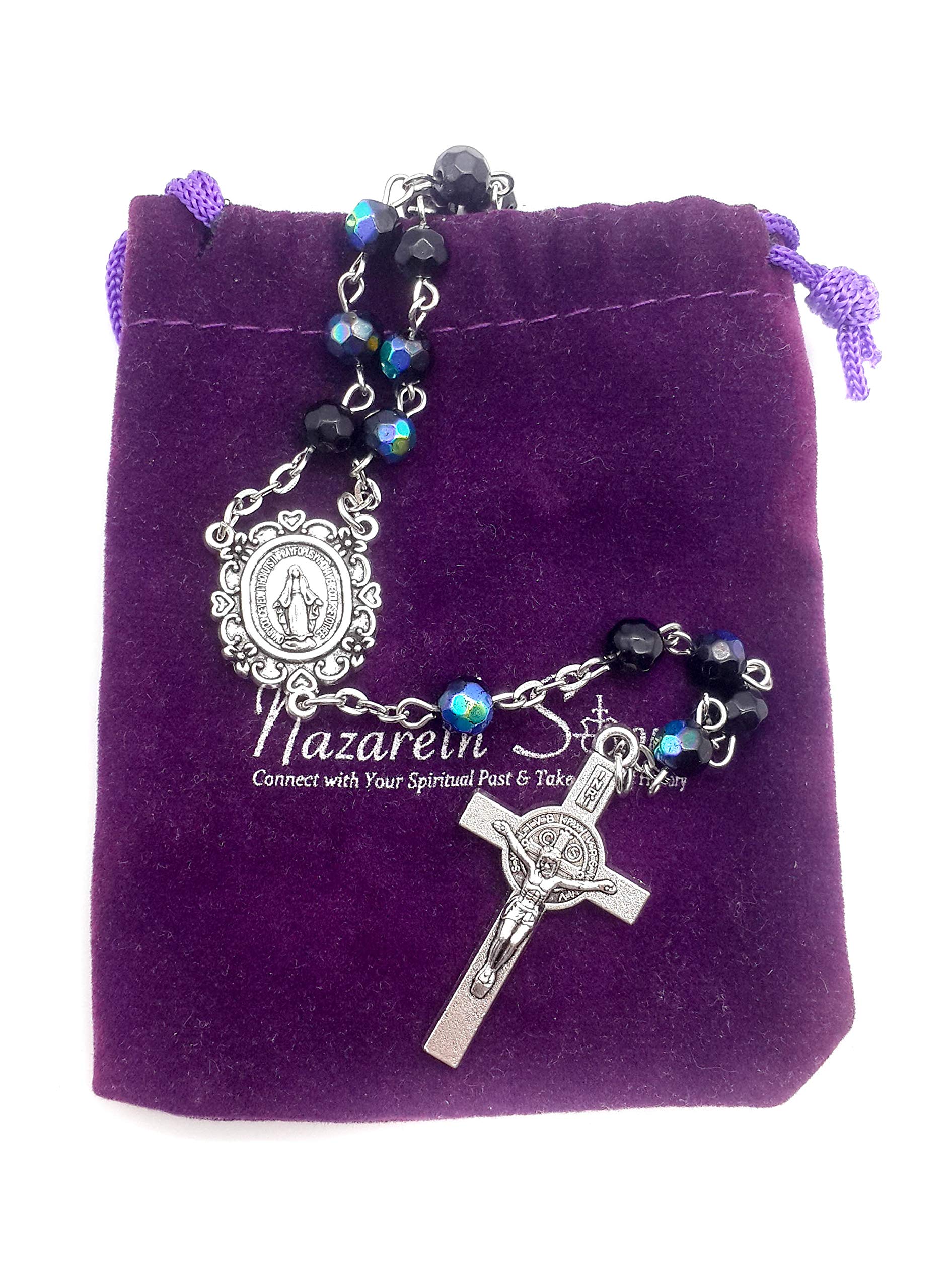 Nazareth Store Blue Crystal Beads Saint Benedict Rosary Sheen Beaded Necklace Miraculous Medal and St.Benedict Cross - Image 6