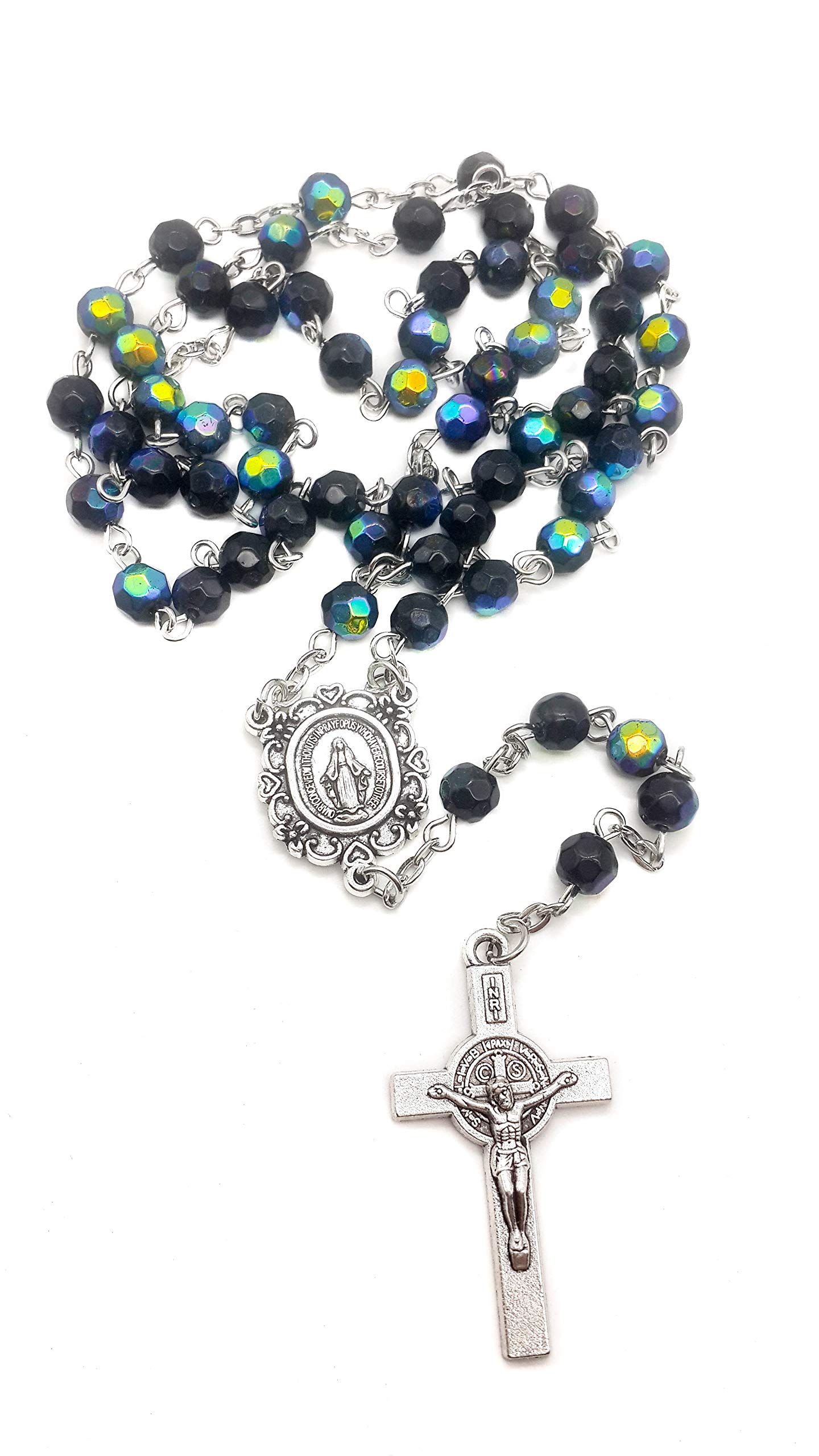 Nazareth Store Blue Crystal Beads Saint Benedict Rosary Sheen Beaded Necklace Miraculous Medal and St.Benedict Cross - Image 7