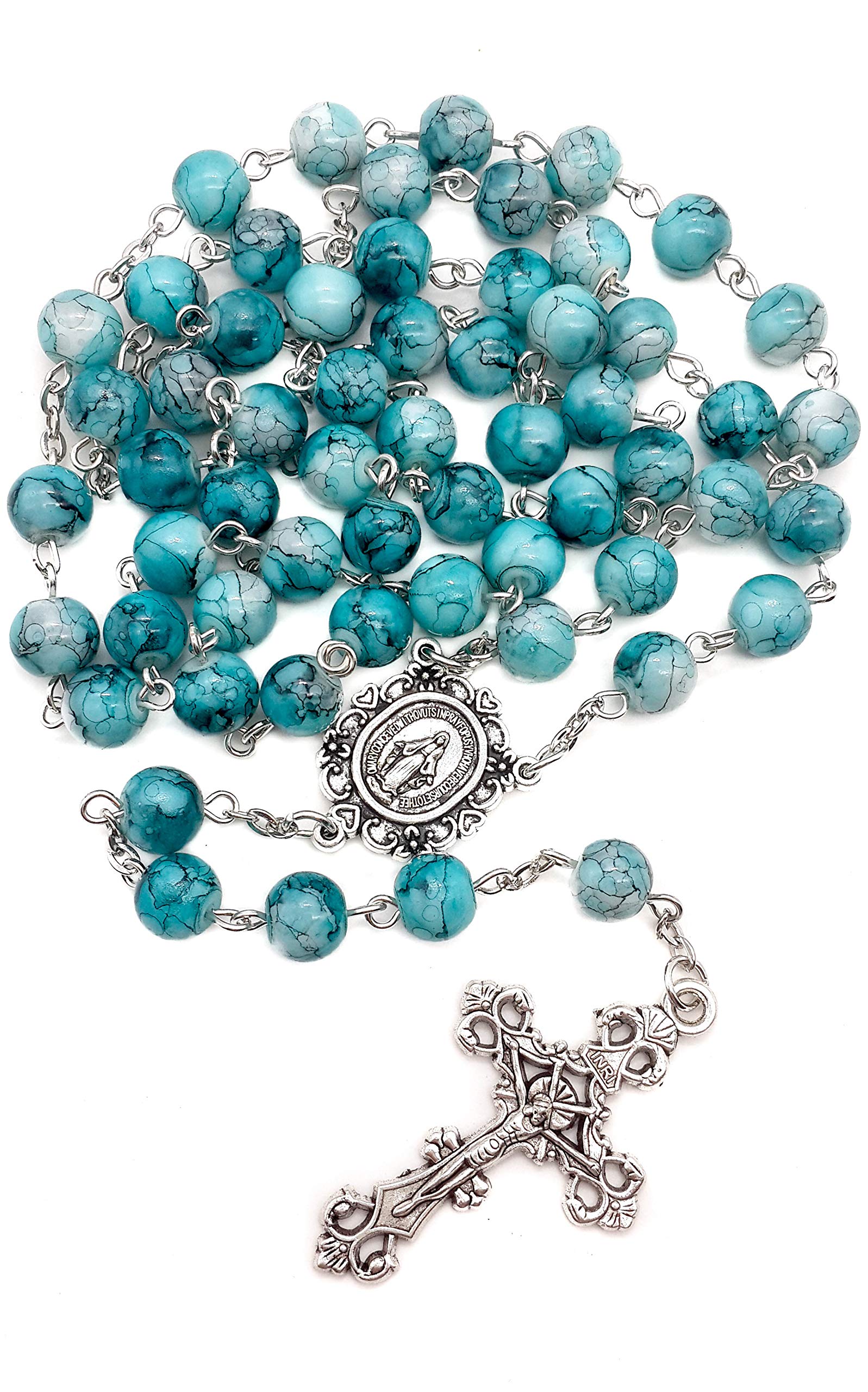 Nazareth Store Blue Marble Crystallized Rosary Beads Handcrafted Prayer Necklace with Miraculous Medal and Jesus Cross - Image 3