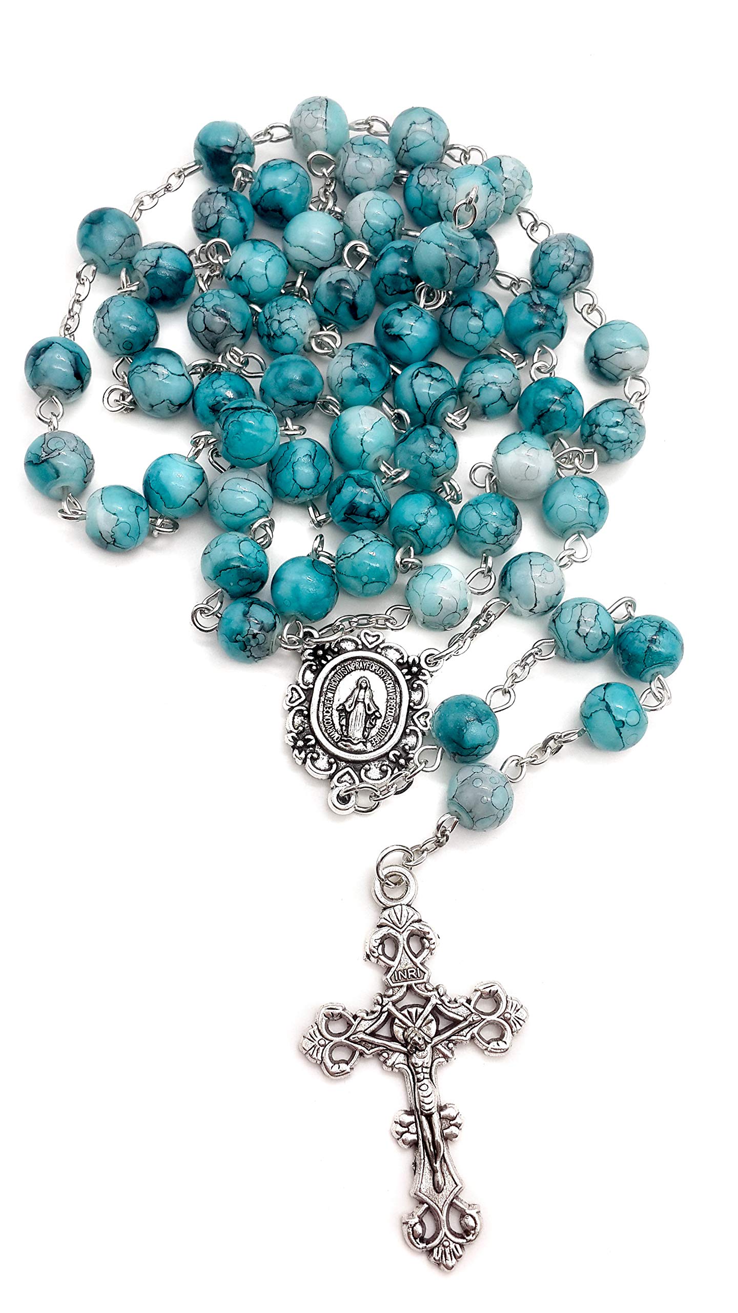 Nazareth Store Blue Marble Crystallized Rosary Beads Handcrafted Prayer Necklace with Miraculous Medal and Jesus Cross - Image 4