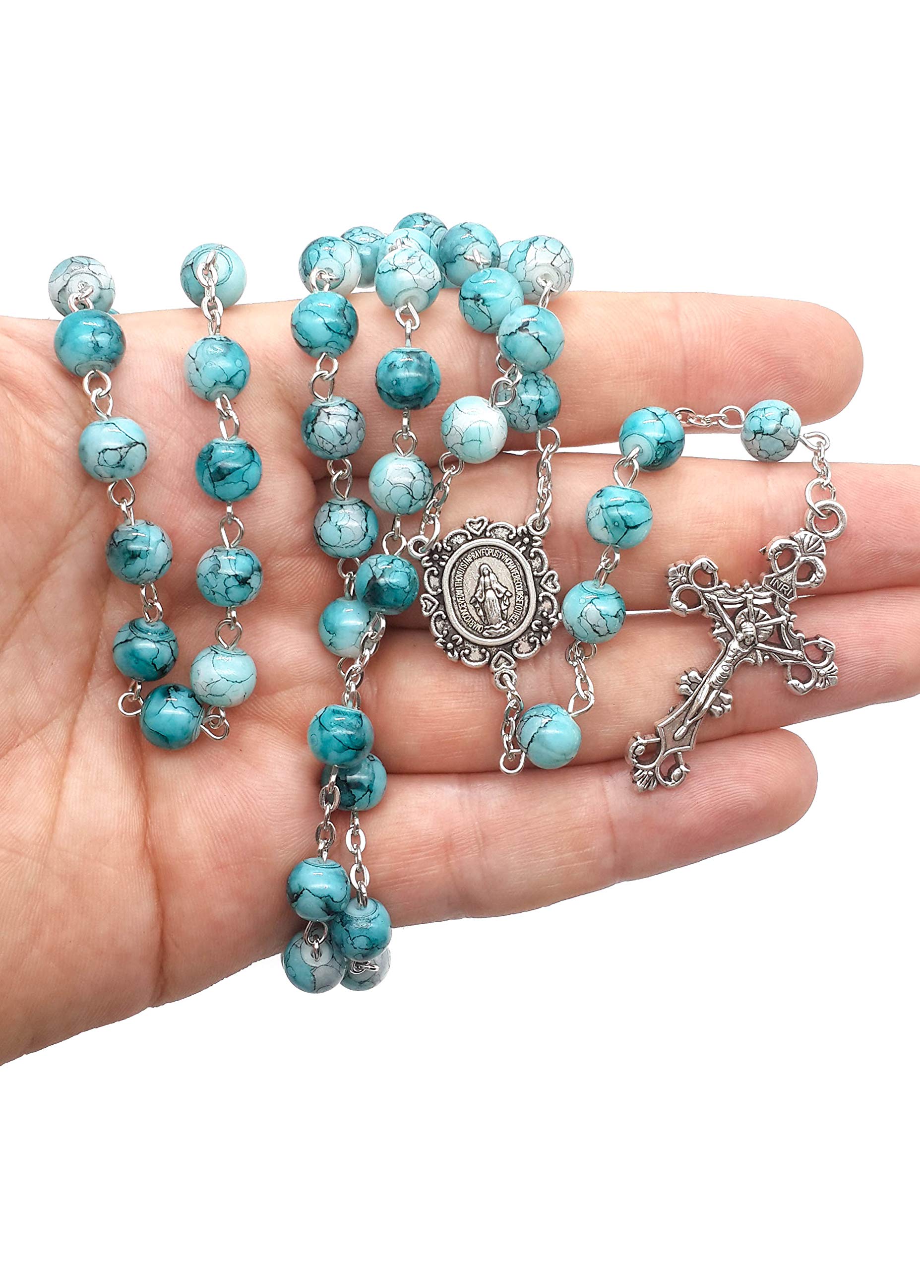 Nazareth Store Blue Marble Crystallized Rosary Beads Handcrafted Prayer Necklace with Miraculous Medal and Jesus Cross - Image 5