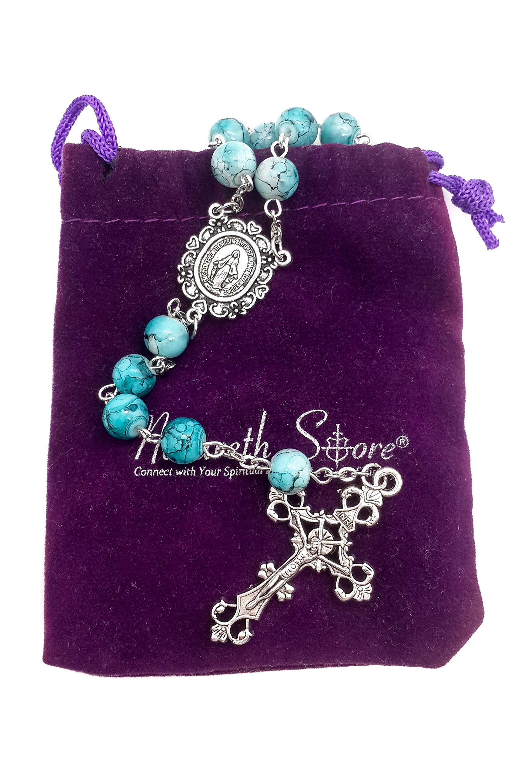 Nazareth Store Blue Marble Crystallized Rosary Beads Handcrafted Prayer Necklace with Miraculous Medal and Jesus Cross - Image 6