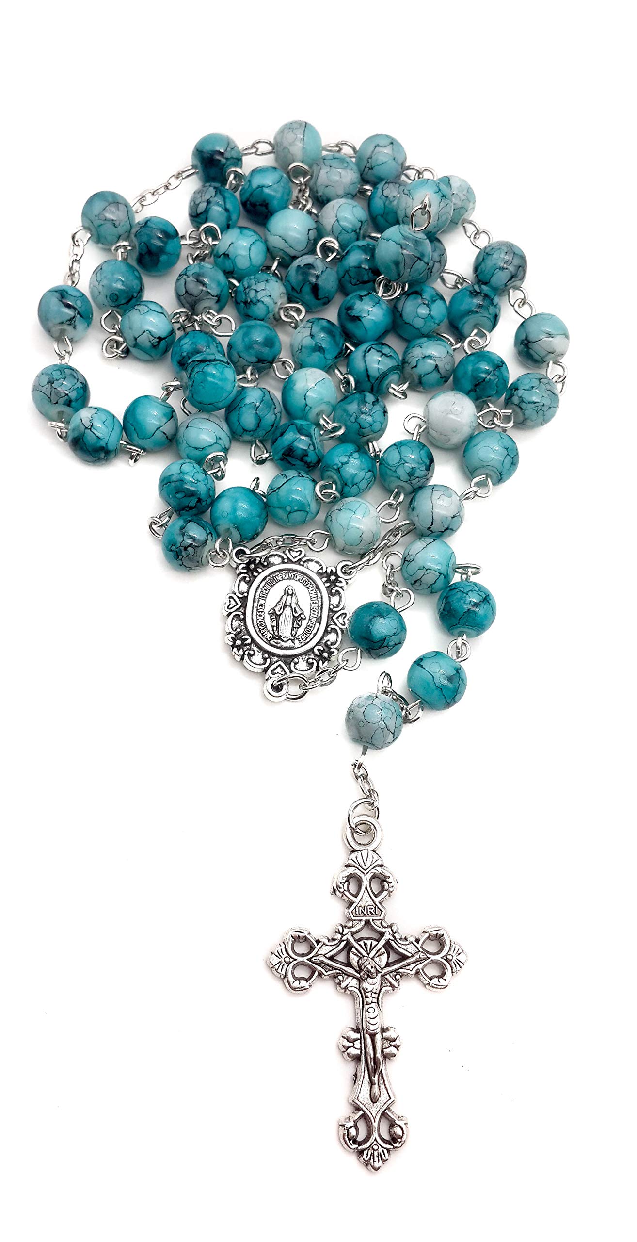 Nazareth Store Blue Marble Crystallized Rosary Beads Handcrafted Prayer Necklace with Miraculous Medal and Jesus Cross - Image 7