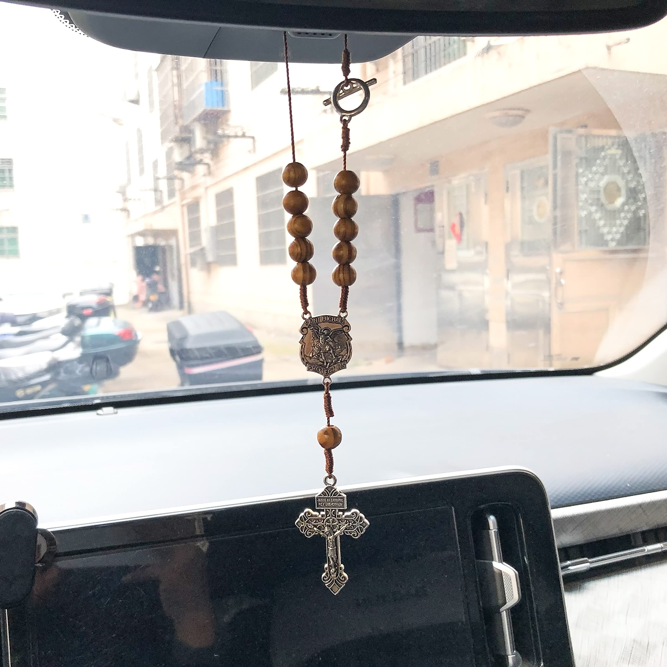 Nazareth Store Car Rearview Mirror Rosary One Decade Protection Wood Beads Catholic Chaplet - Image 6