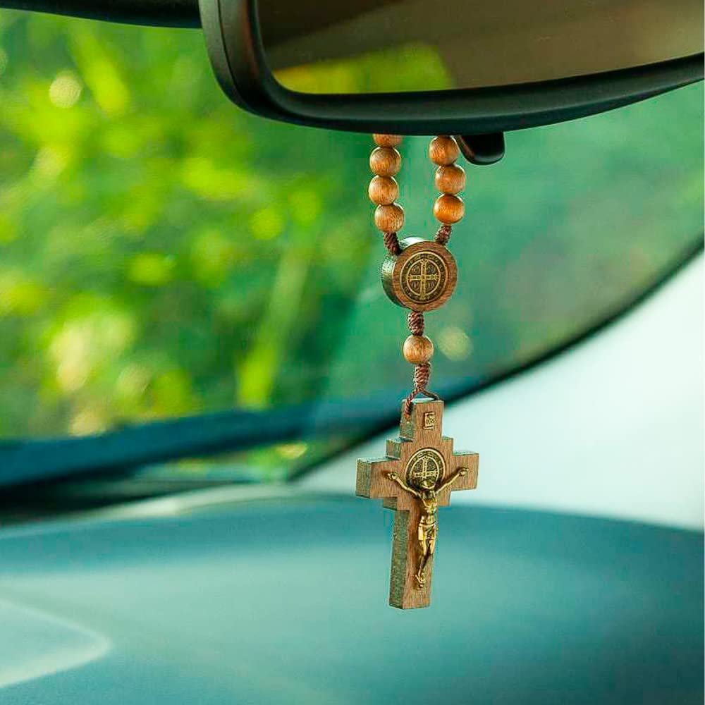 Nazareth Store Car Rearview Mirror Rosary One Decade Protection Wood Beads Catholic Chaplet - Image 4