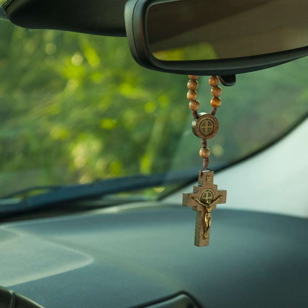 Nazareth Store Car Rearview Mirror Rosary One Decade Protection Wood Beads Catholic Chaplet - Image 4