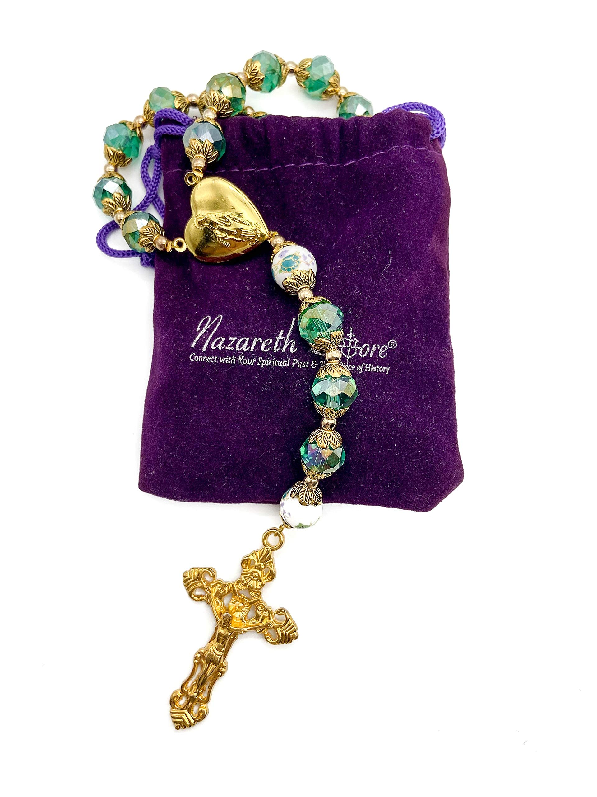 Nazareth Store Catholic Green Crystal Beads 10mm Rosary Flowers Beaded Necklace Miraculous Heart Locket Medal & Cross Religious Women Men Amulet 21" in Velvet Bag - Image 5
