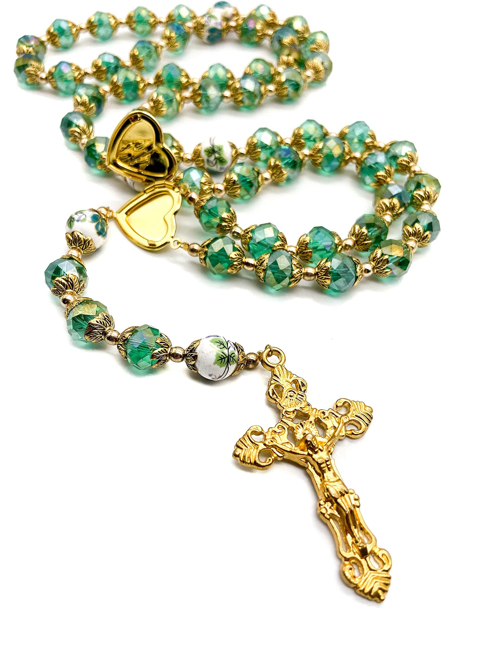 Nazareth Store Catholic Green Crystal Beads 10mm Rosary Flowers Beaded Necklace Miraculous Heart Locket Medal & Cross Religious Women Men Amulet 21" in Velvet Bag - Image 6