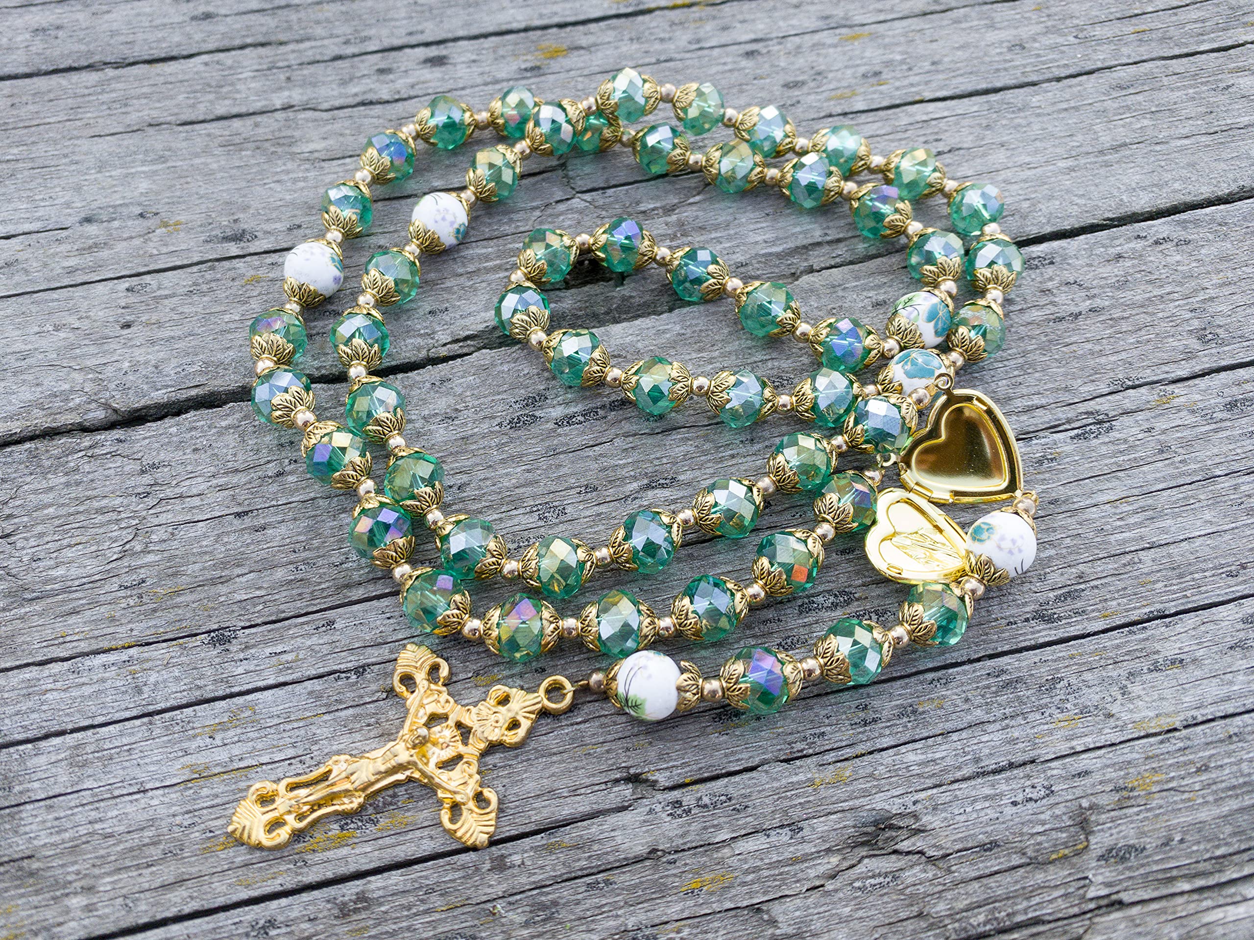 Nazareth Store Catholic Green Crystal Beads 10mm Rosary Flowers Beaded Necklace Miraculous Heart Locket Medal & Cross Religious Women Men Amulet 21" in Velvet Bag - Image 8