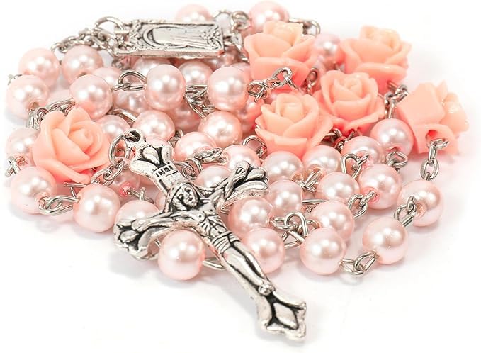 Nazareth Store Catholic Pink Pearl Beads Rosary Necklace Our Rose Flowers, Lourdes Medal & Cross NS - Image 3