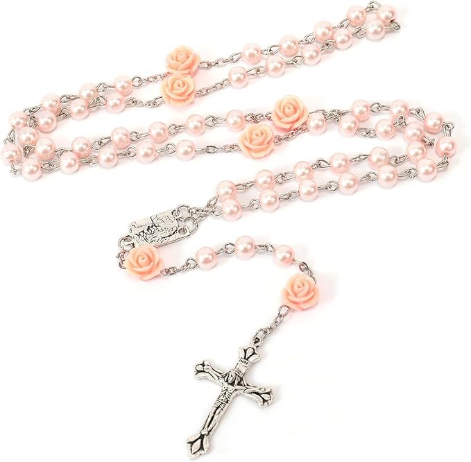 Nazareth Store Catholic Pink Pearl Beads Rosary Necklace Our Rose Flowers, Lourdes Medal & Cross NS - Image 4